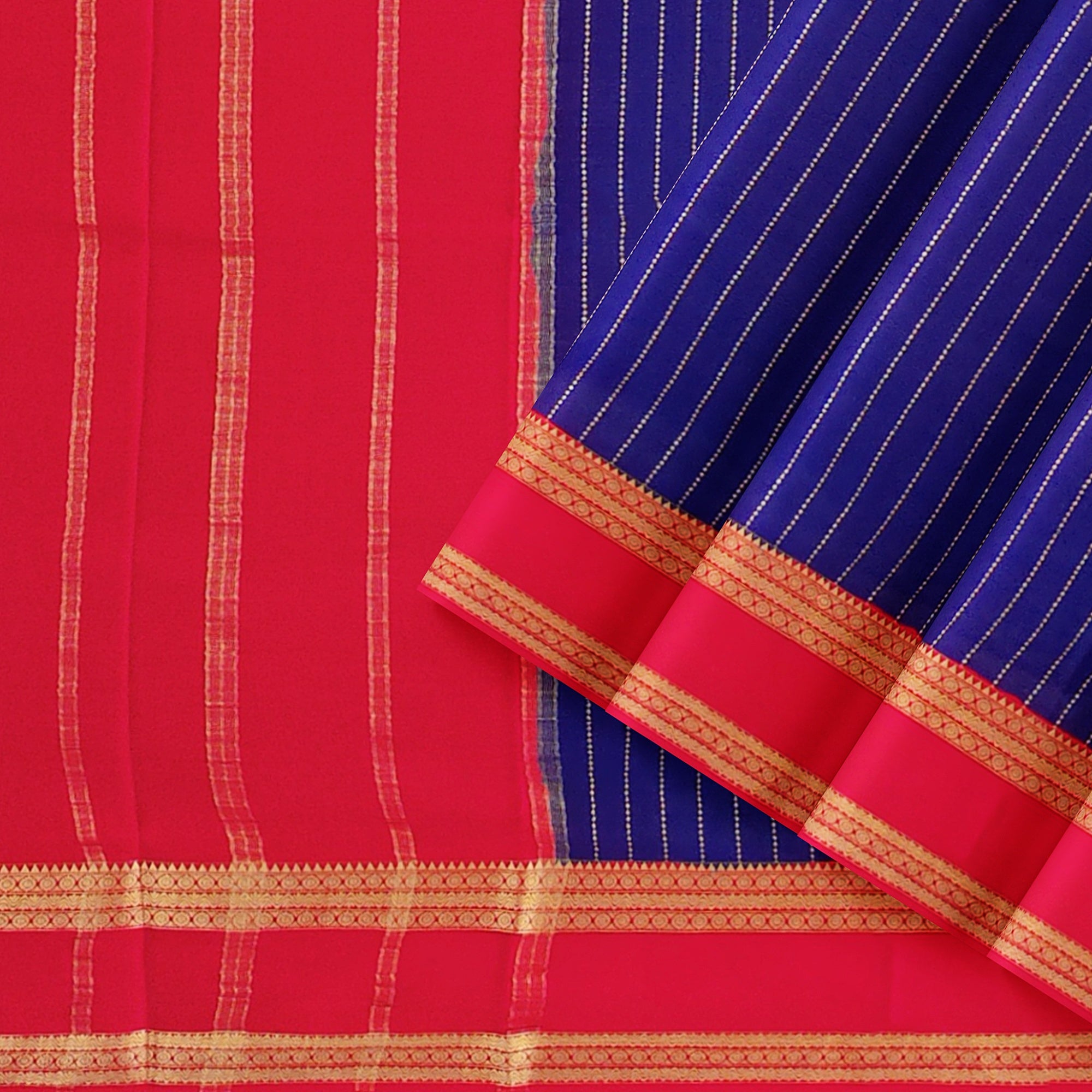 Navy Blue Mysore Silk Saree with Pink Gold Zari Border