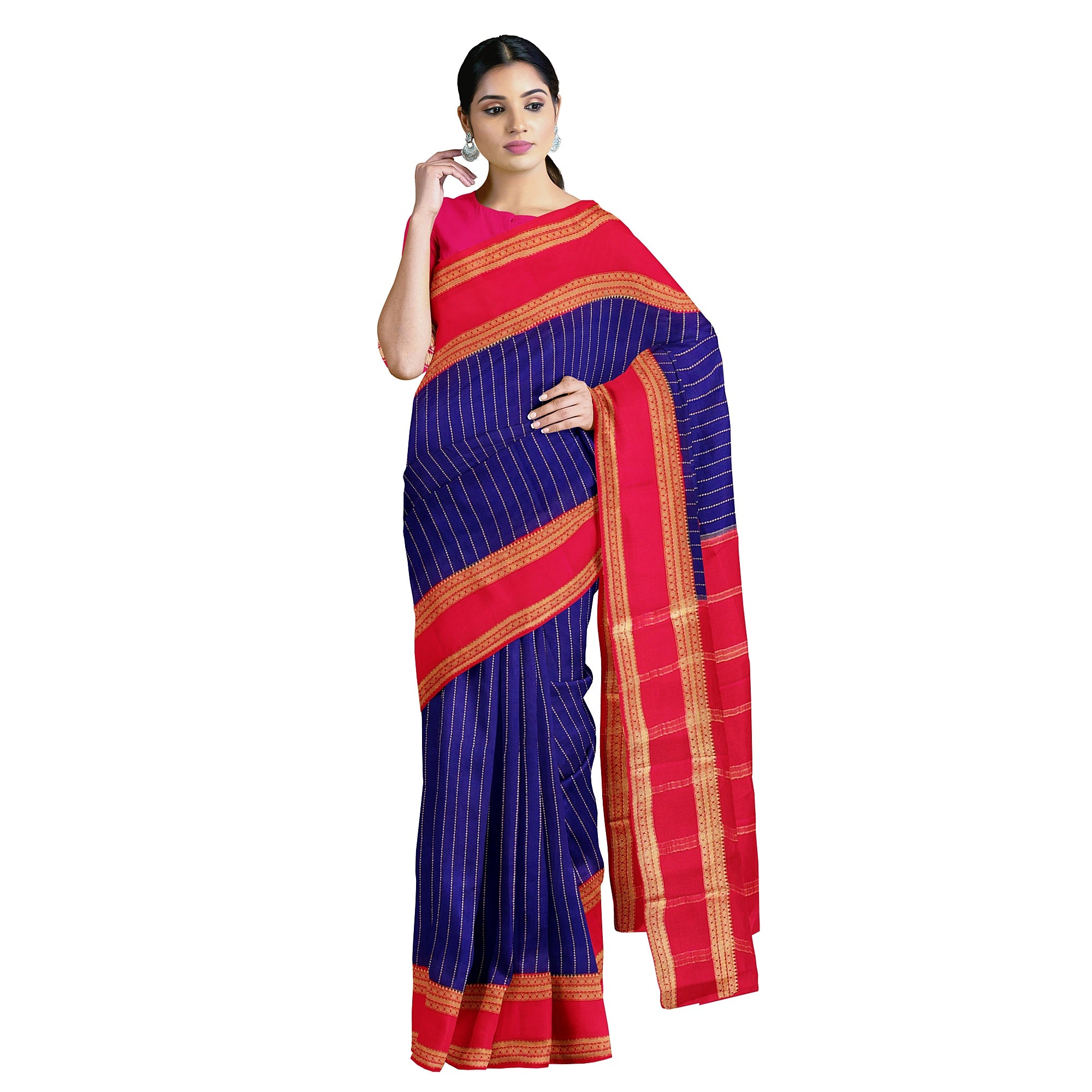 Navy Blue Mysore Silk Saree with Pink Gold Zari Border