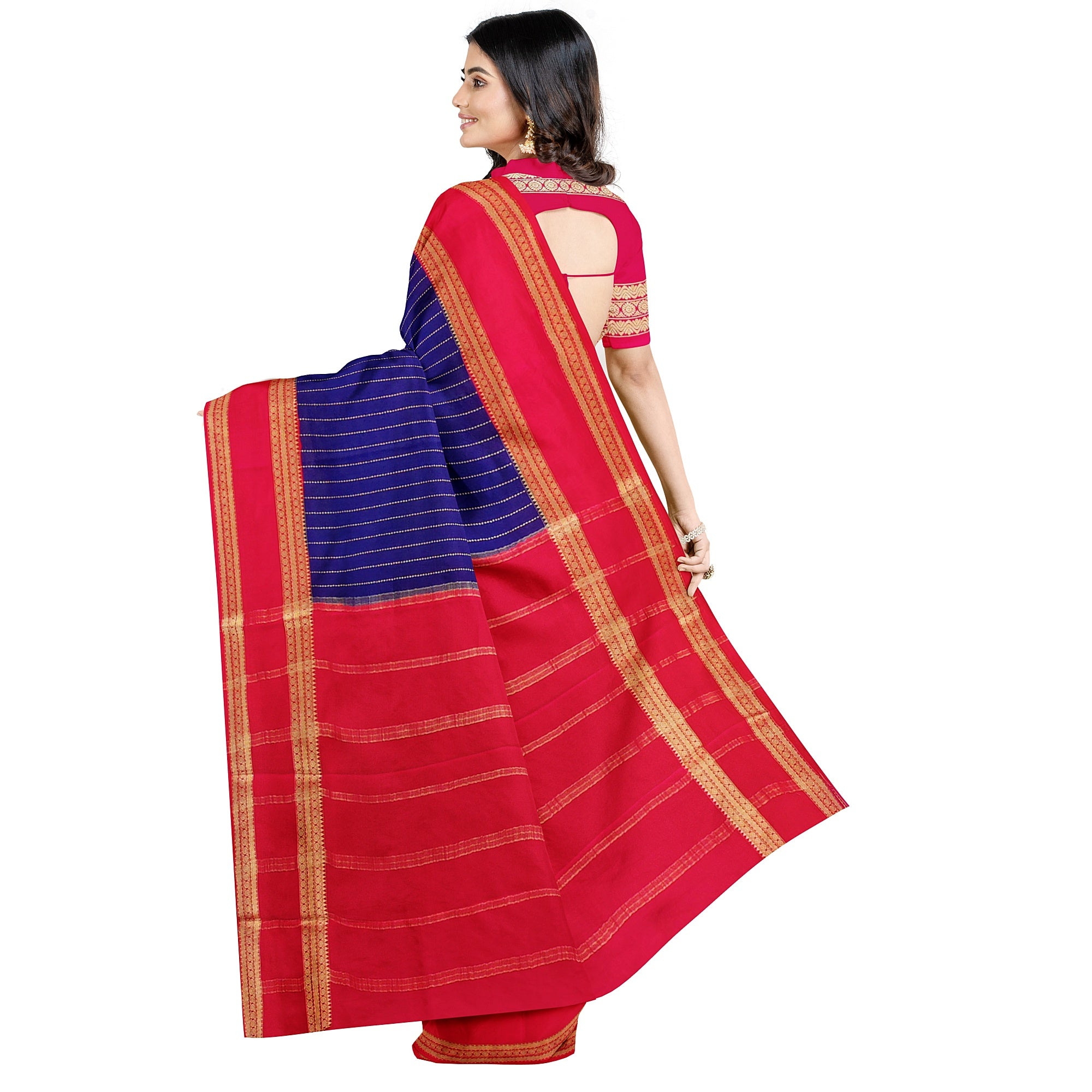 Navy Blue Mysore Silk Saree with Pink Gold Zari Border