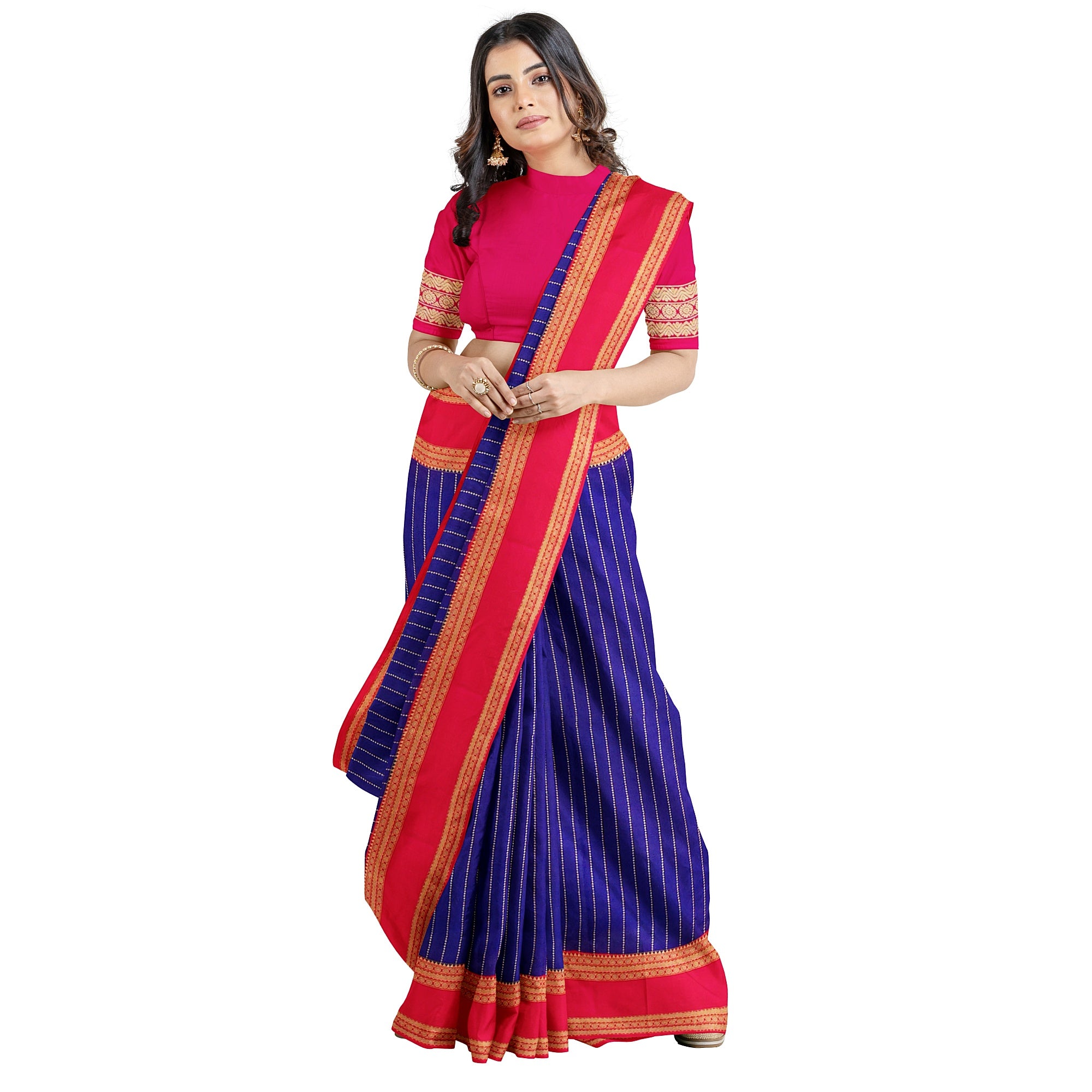 Navy Blue Mysore Silk Saree with Pink Gold Zari Border