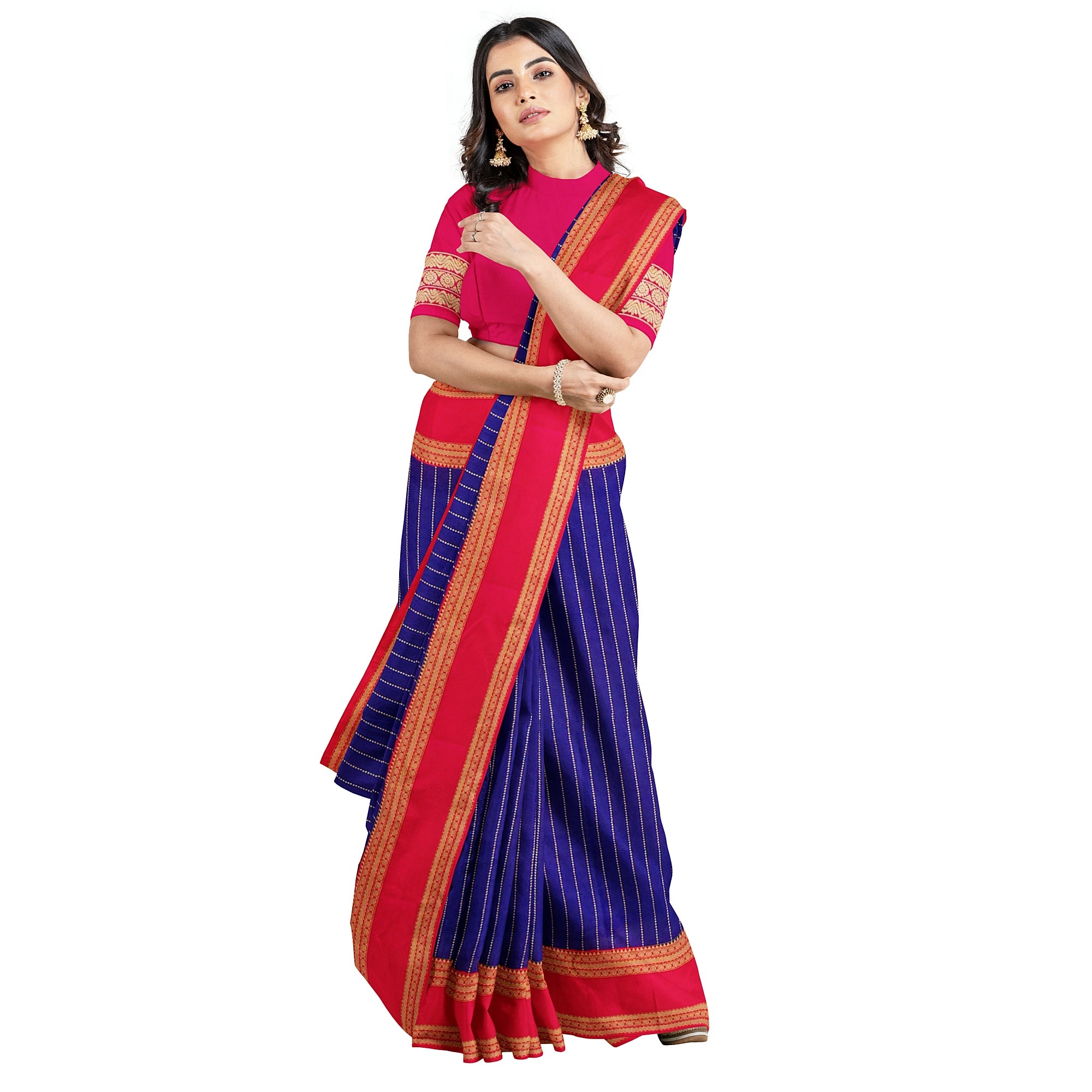 Navy Blue Mysore Silk Saree with Pink Gold Zari Border