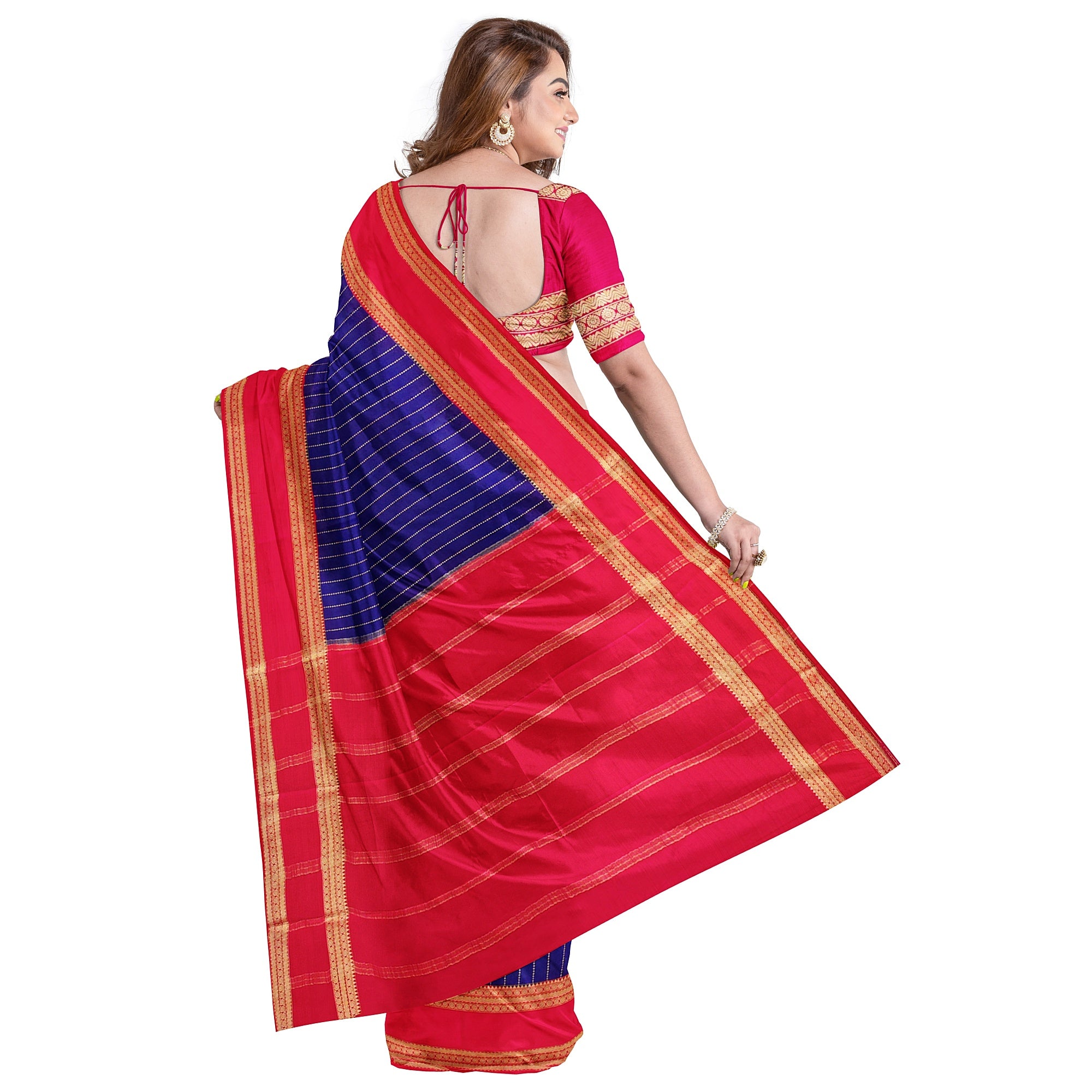 Navy Blue Mysore Silk Saree with Pink Gold Zari Border