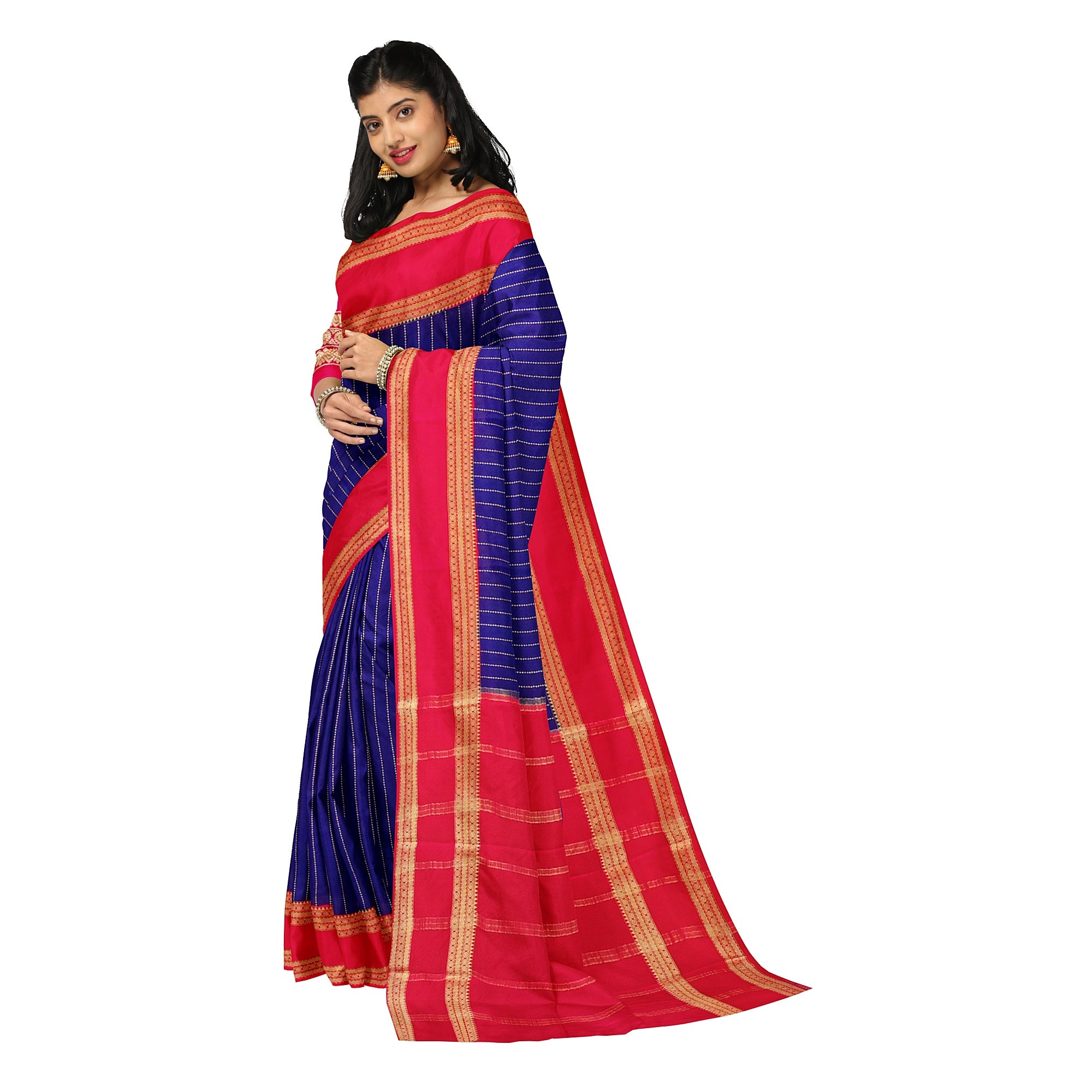 Navy Blue Mysore Silk Saree with Pink Gold Zari Border