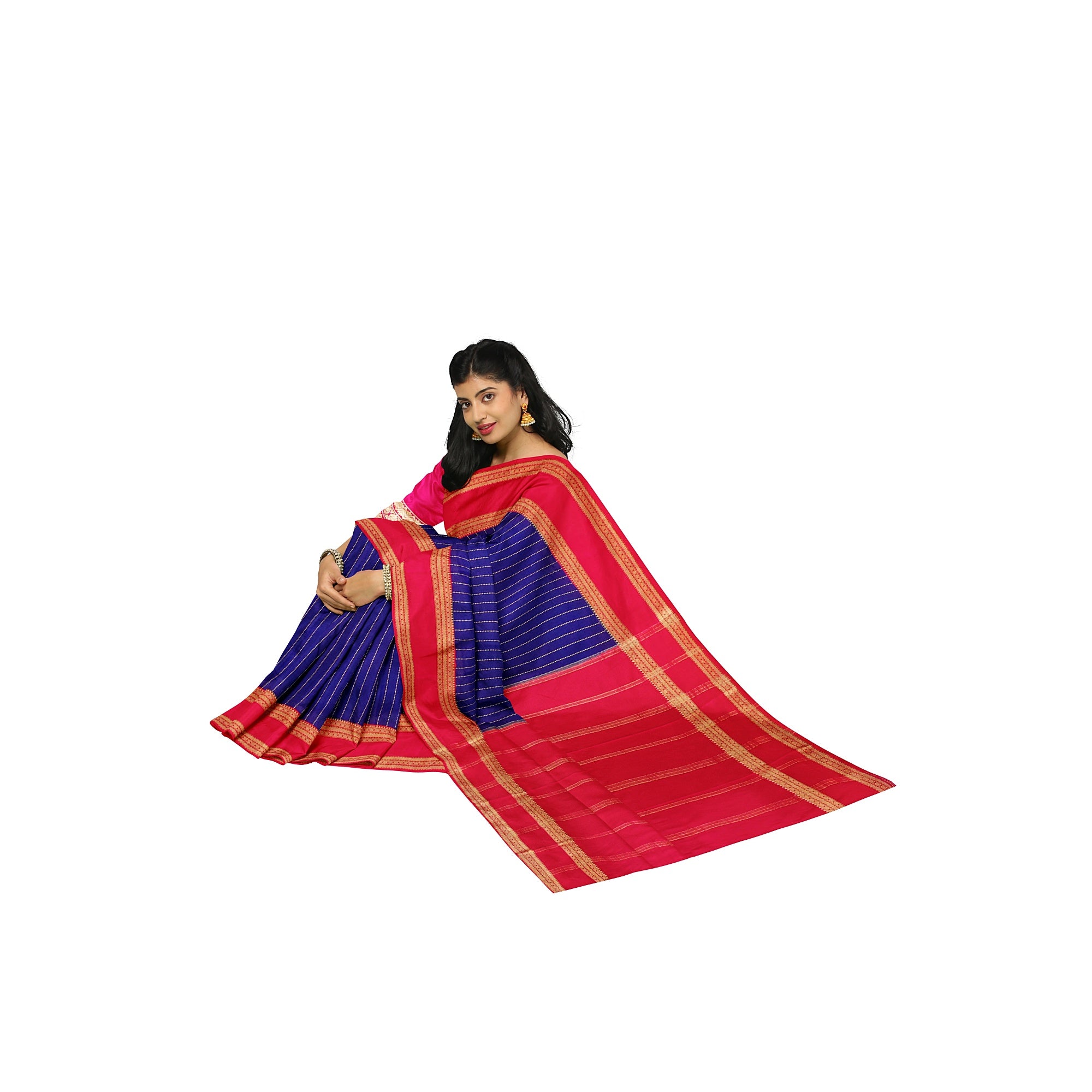 Navy Blue Mysore Silk Saree with Pink Gold Zari Border