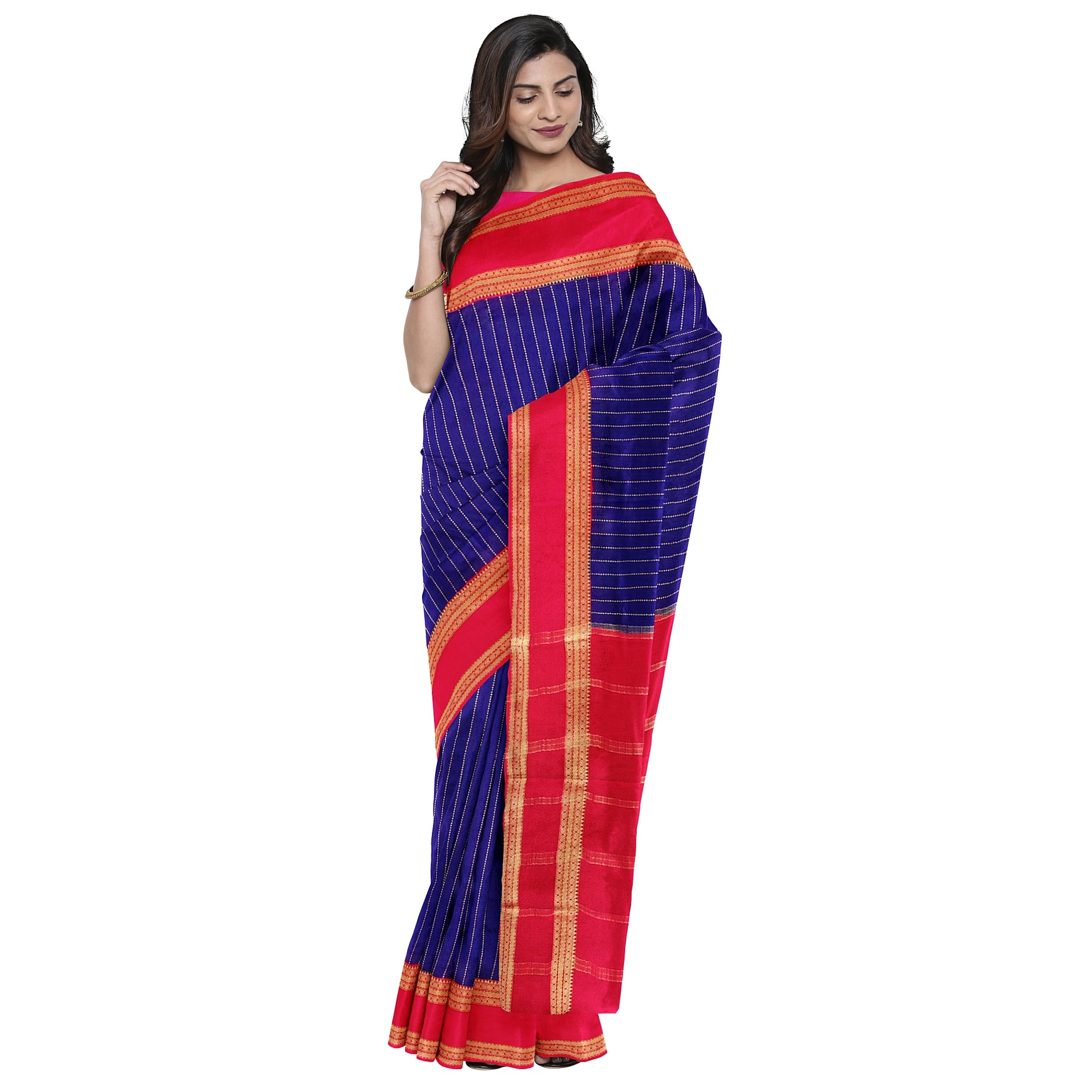 Navy Blue Mysore Silk Saree with Pink Gold Zari Border