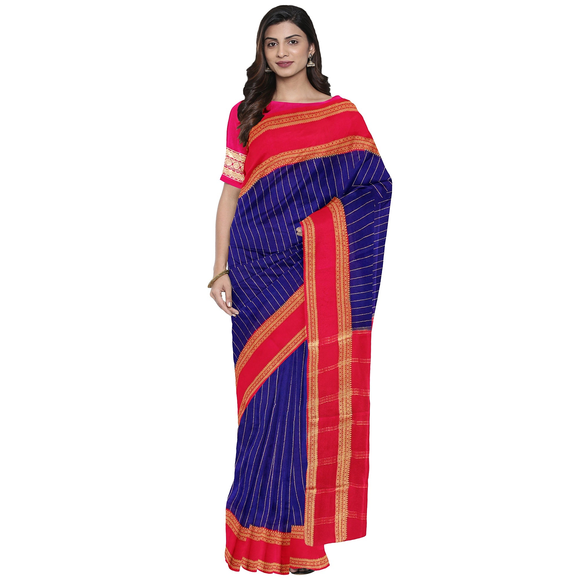 Navy Blue Mysore Silk Saree with Pink Gold Zari Border