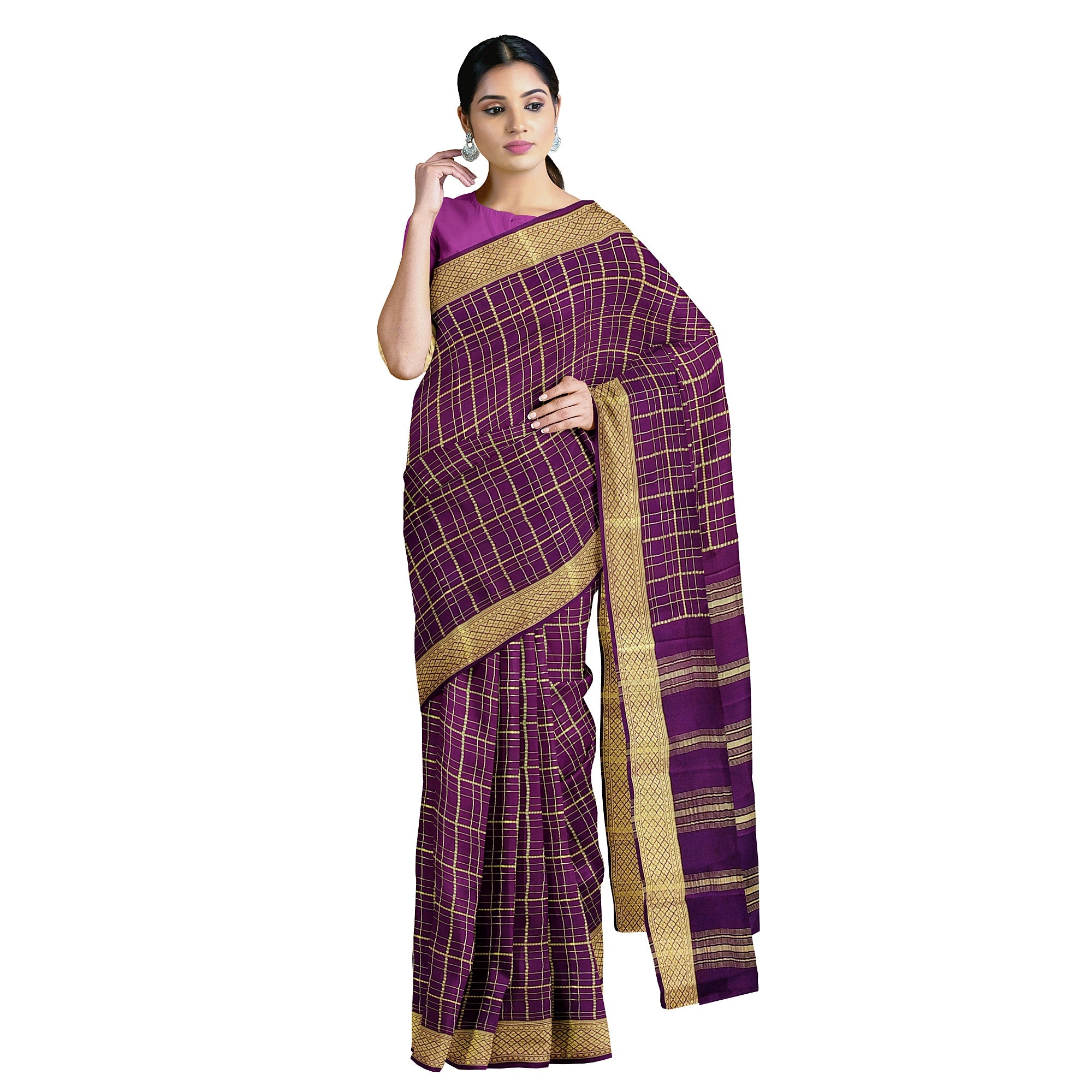 Vintage Maroon Checked Mysore Silk Saree