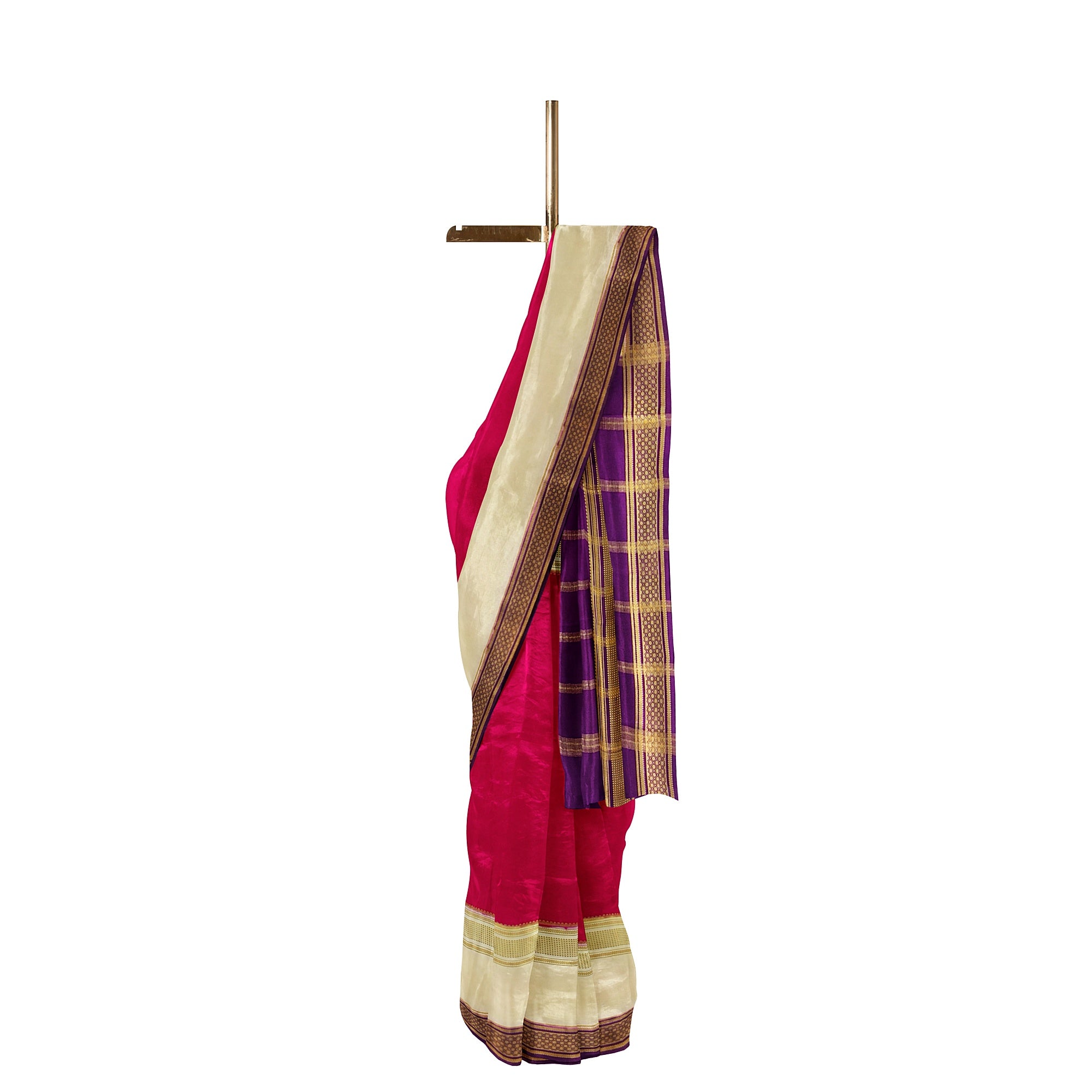 3D Magenta Pink Mysore Silk Saree with Cream & Purple Border