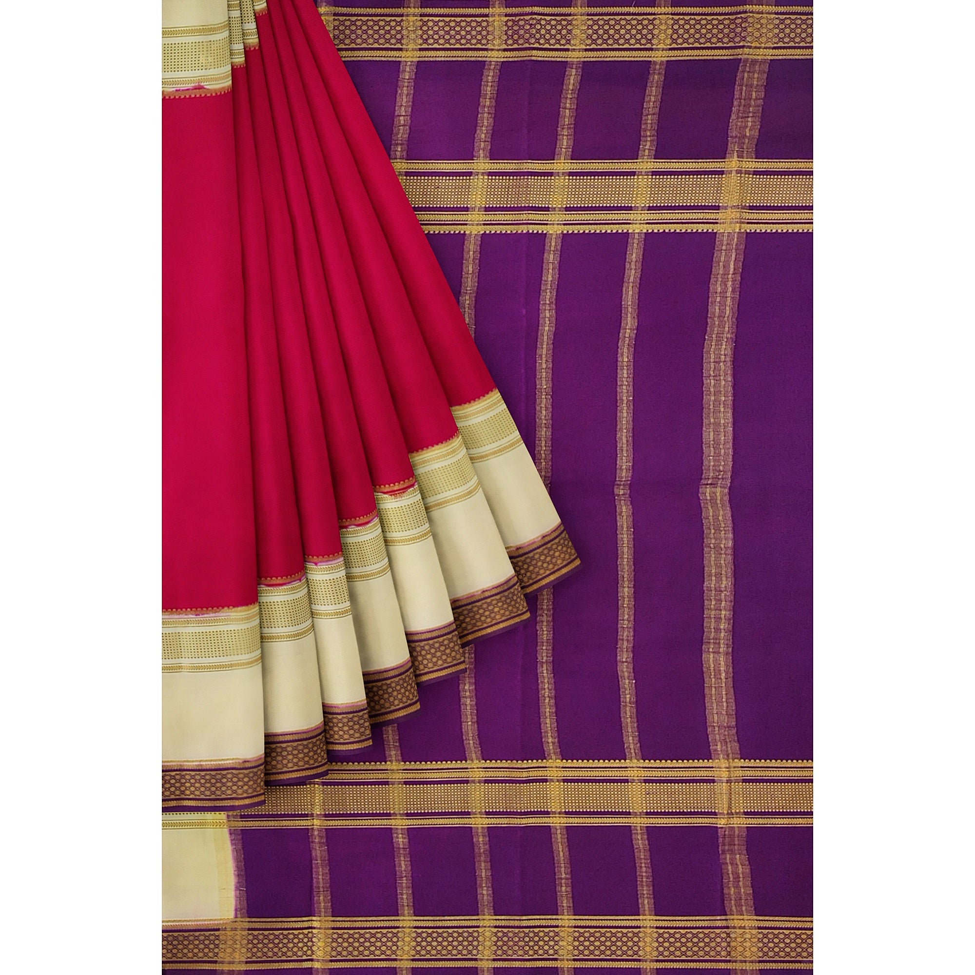 3D Magenta Pink Mysore Silk Saree with Cream & Purple Border