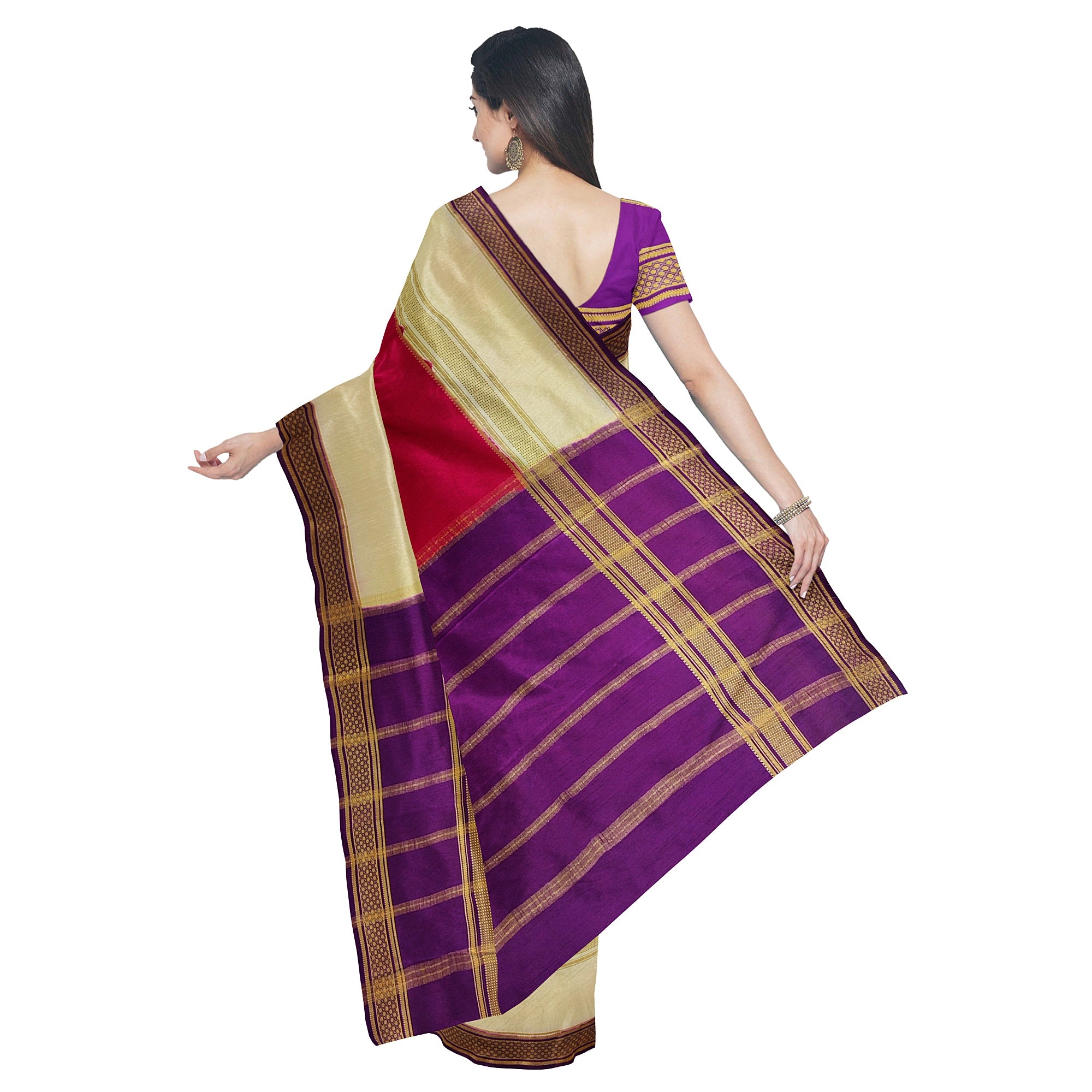 3D Magenta Pink Mysore Silk Saree with Cream & Purple Border