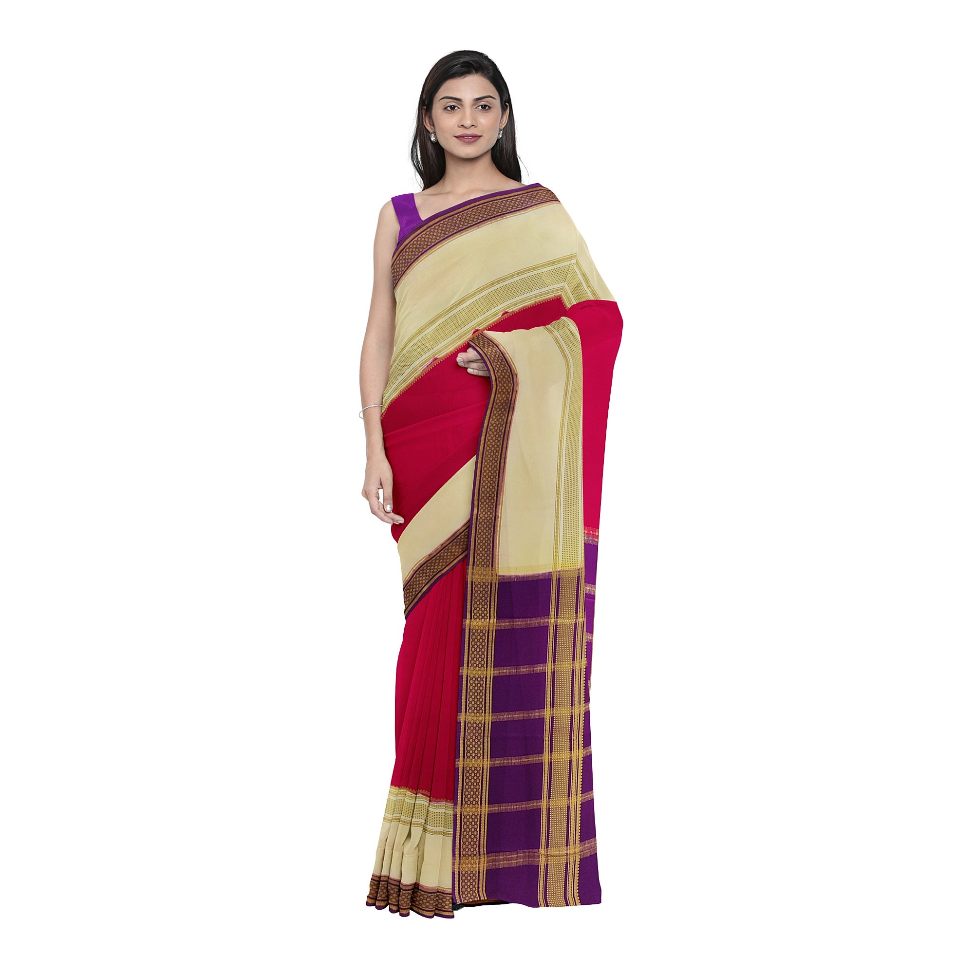3D Magenta Pink Mysore Silk Saree with Cream & Purple Border