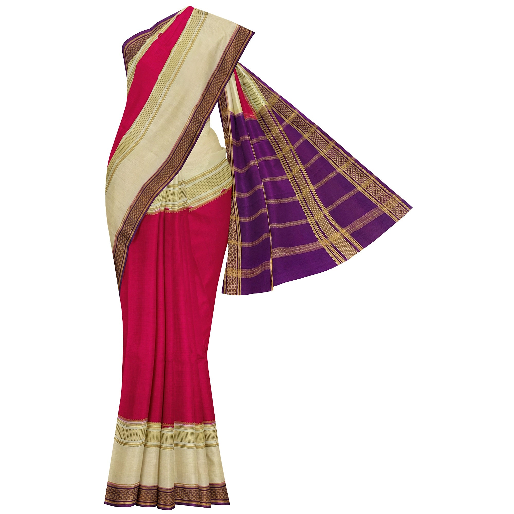 3D Magenta Pink Mysore Silk Saree with Cream & Purple Border