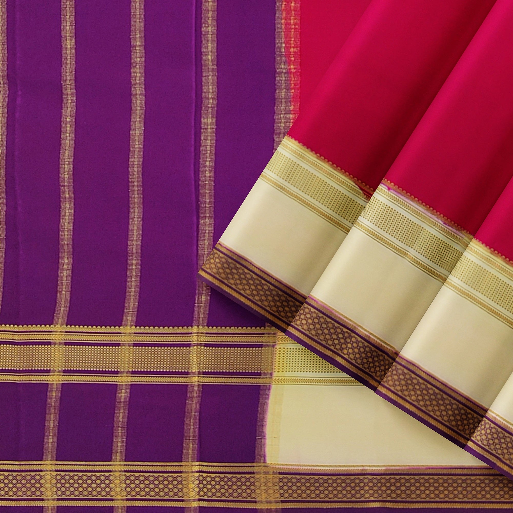 3D Magenta Pink Mysore Silk Saree with Cream & Purple Border