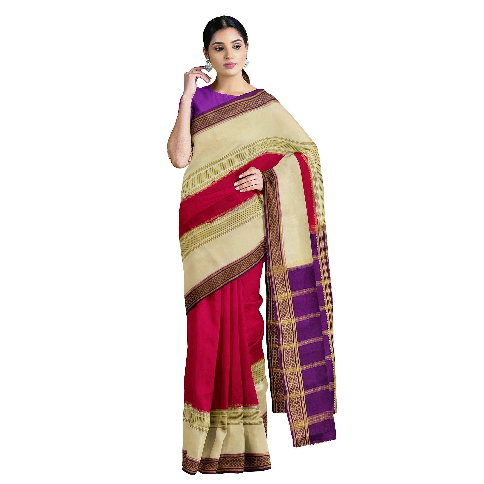 3D Magenta Pink Mysore Silk Saree with Cream & Purple Border