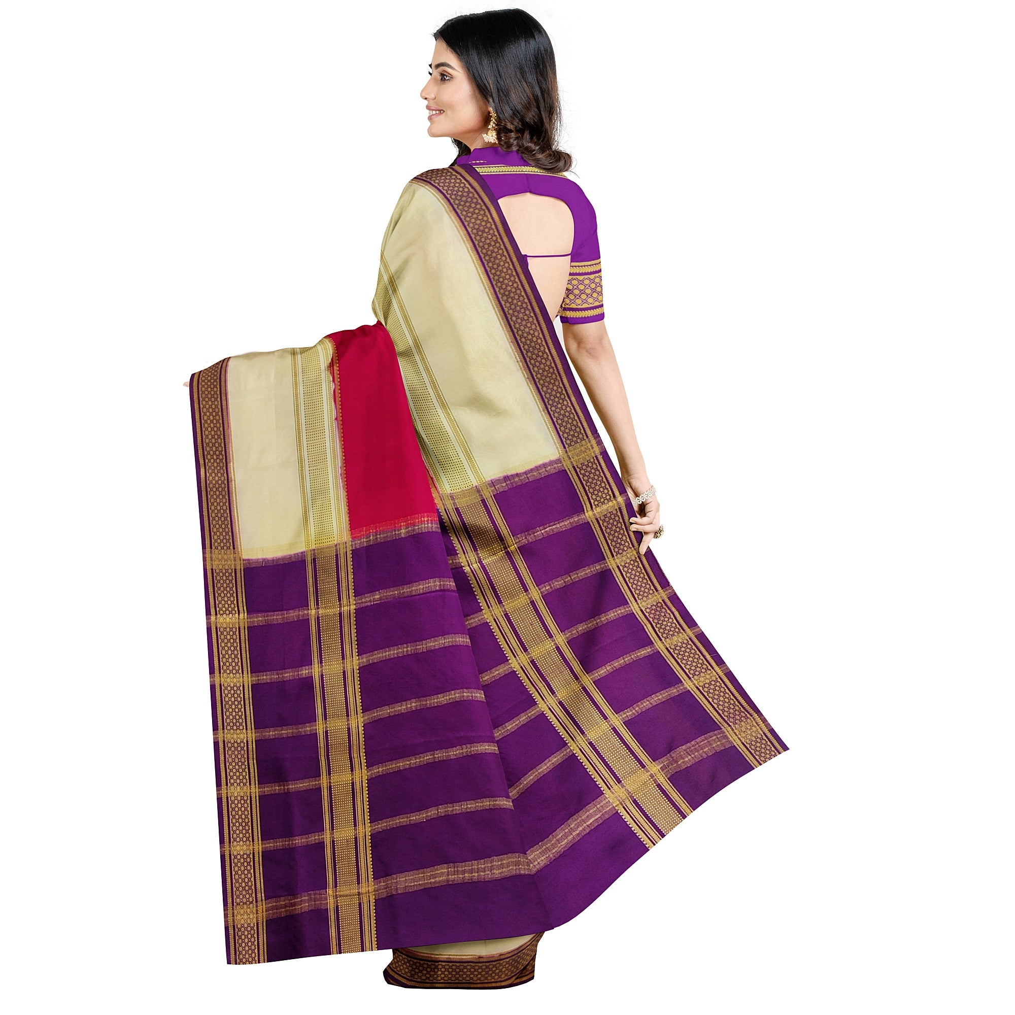 3D Magenta Pink Mysore Silk Saree with Cream & Purple Border