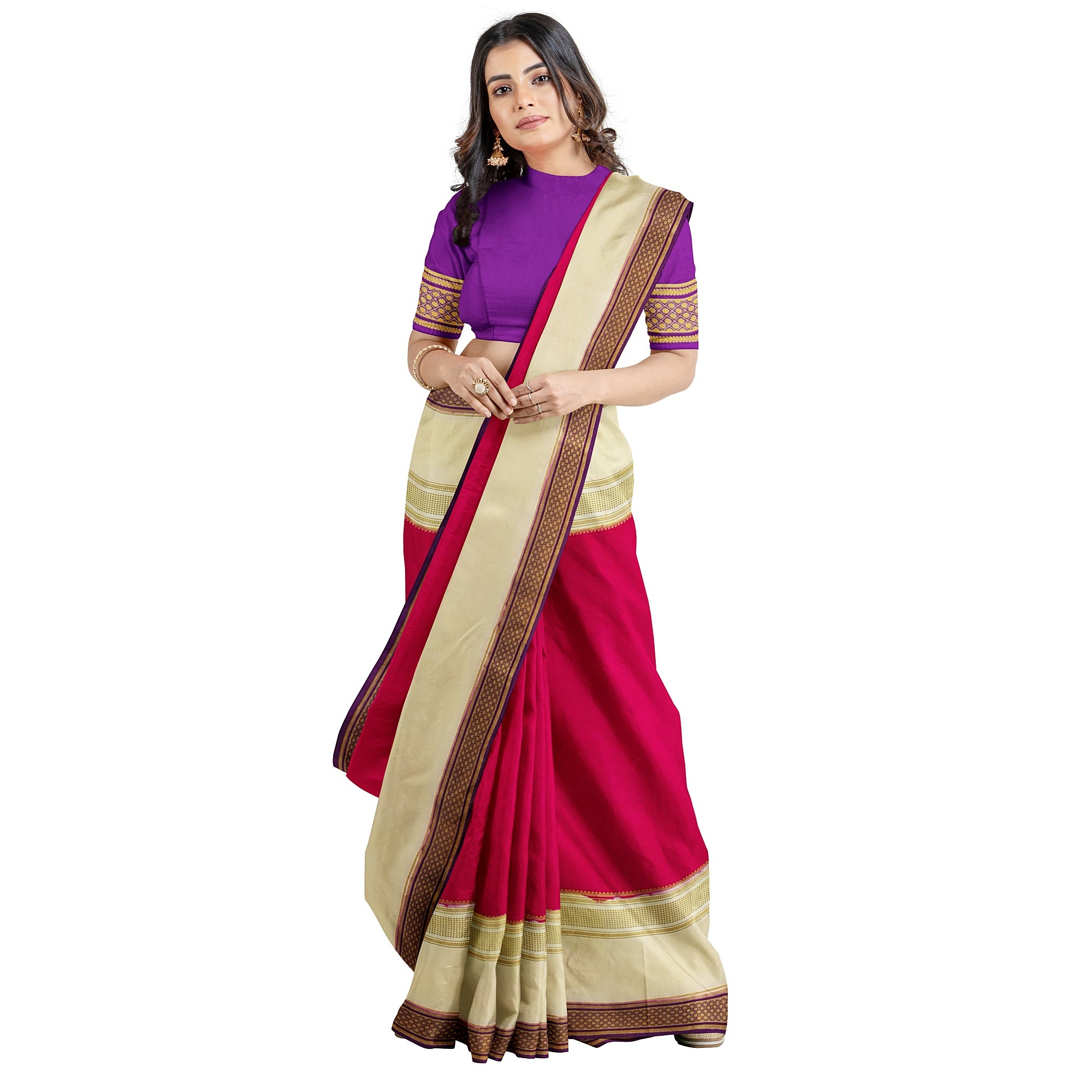 3D Magenta Pink Mysore Silk Saree with Cream & Purple Border