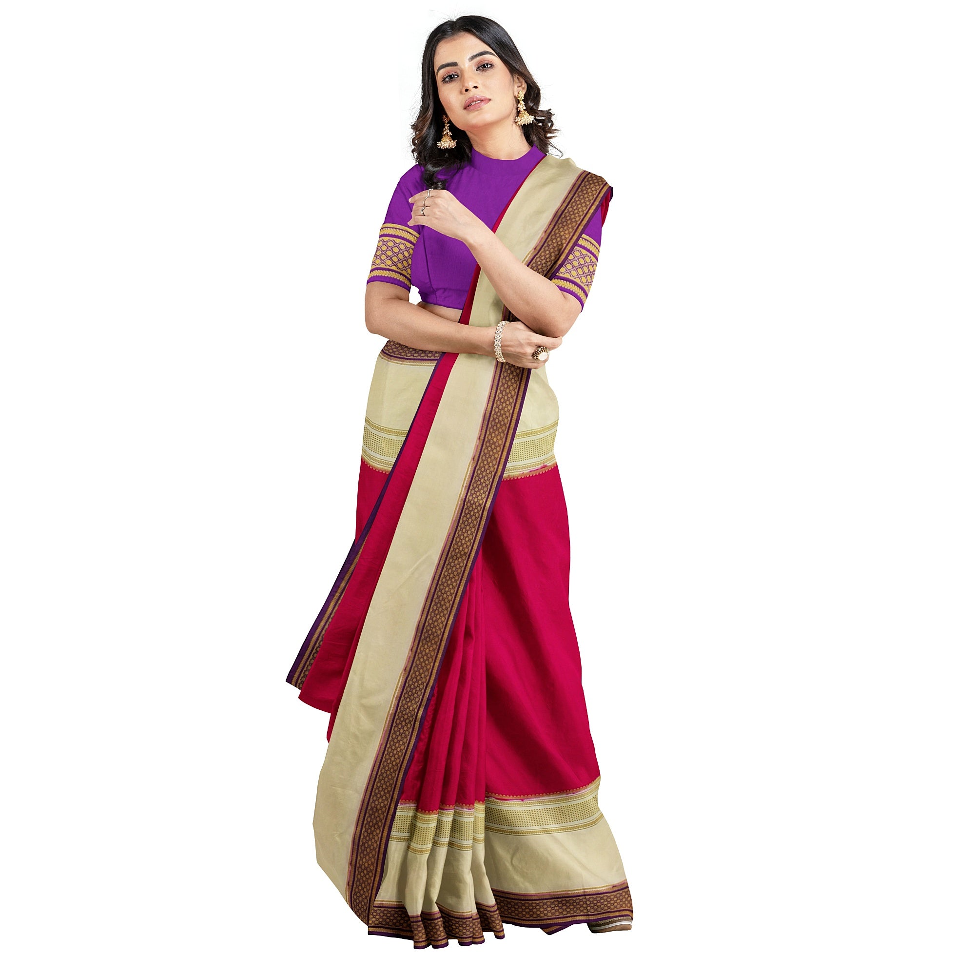 3D Magenta Pink Mysore Silk Saree with Cream & Purple Border