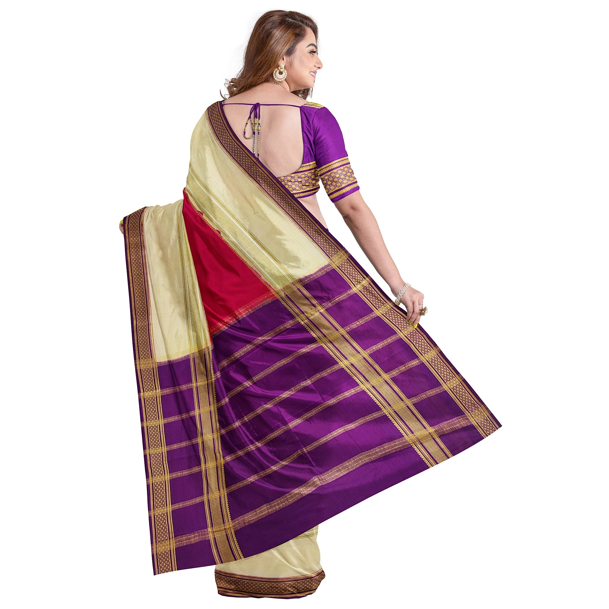 3D Magenta Pink Mysore Silk Saree with Cream & Purple Border