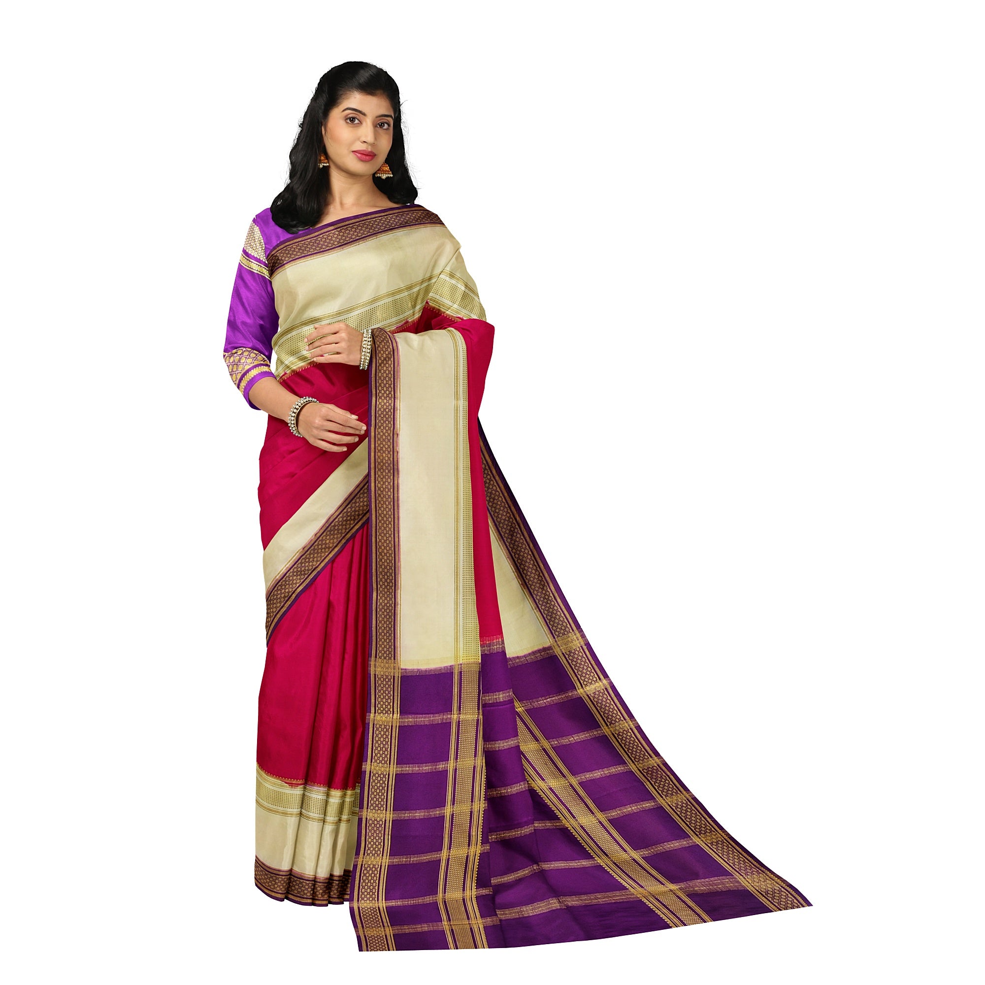3D Magenta Pink Mysore Silk Saree with Cream & Purple Border