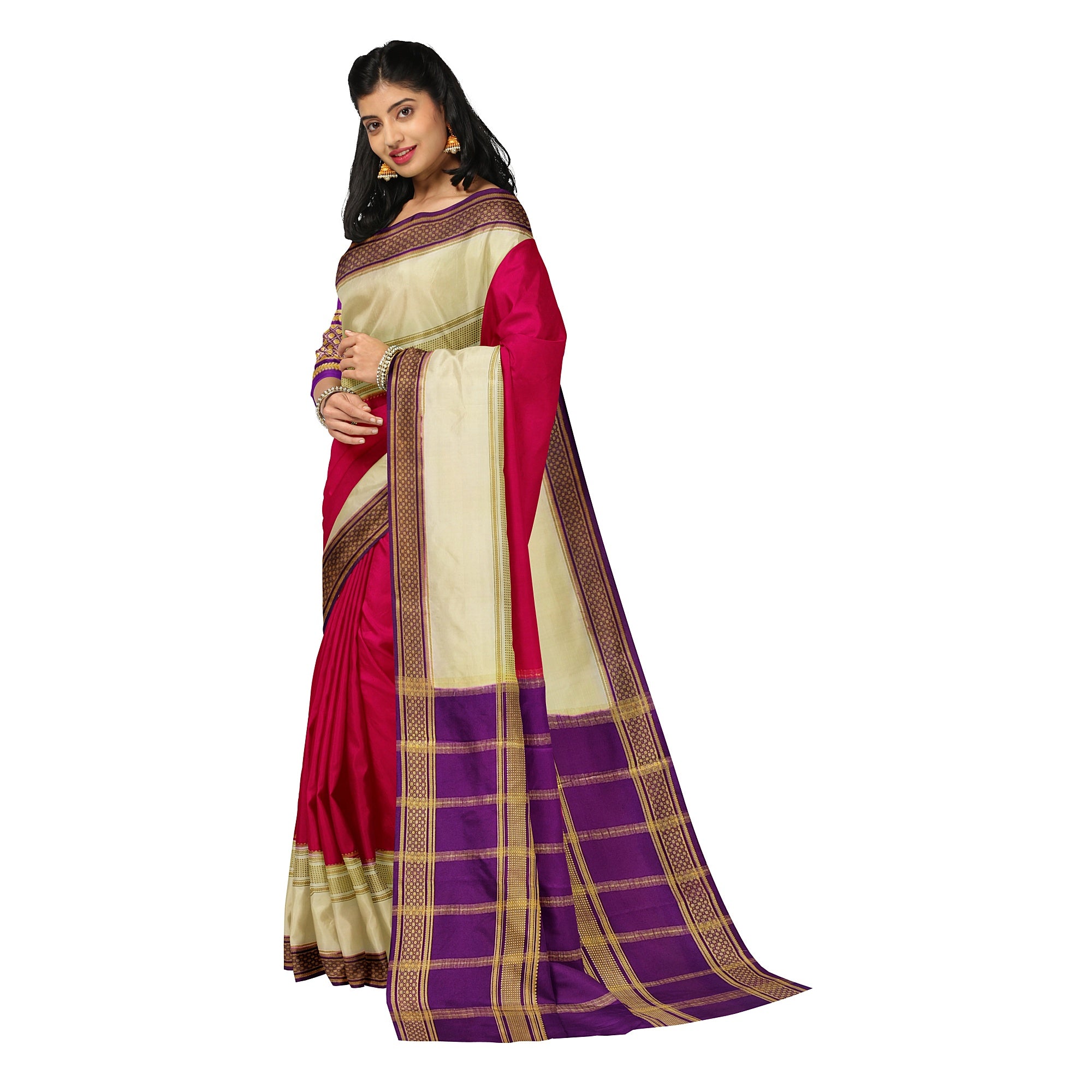 3D Magenta Pink Mysore Silk Saree with Cream & Purple Border