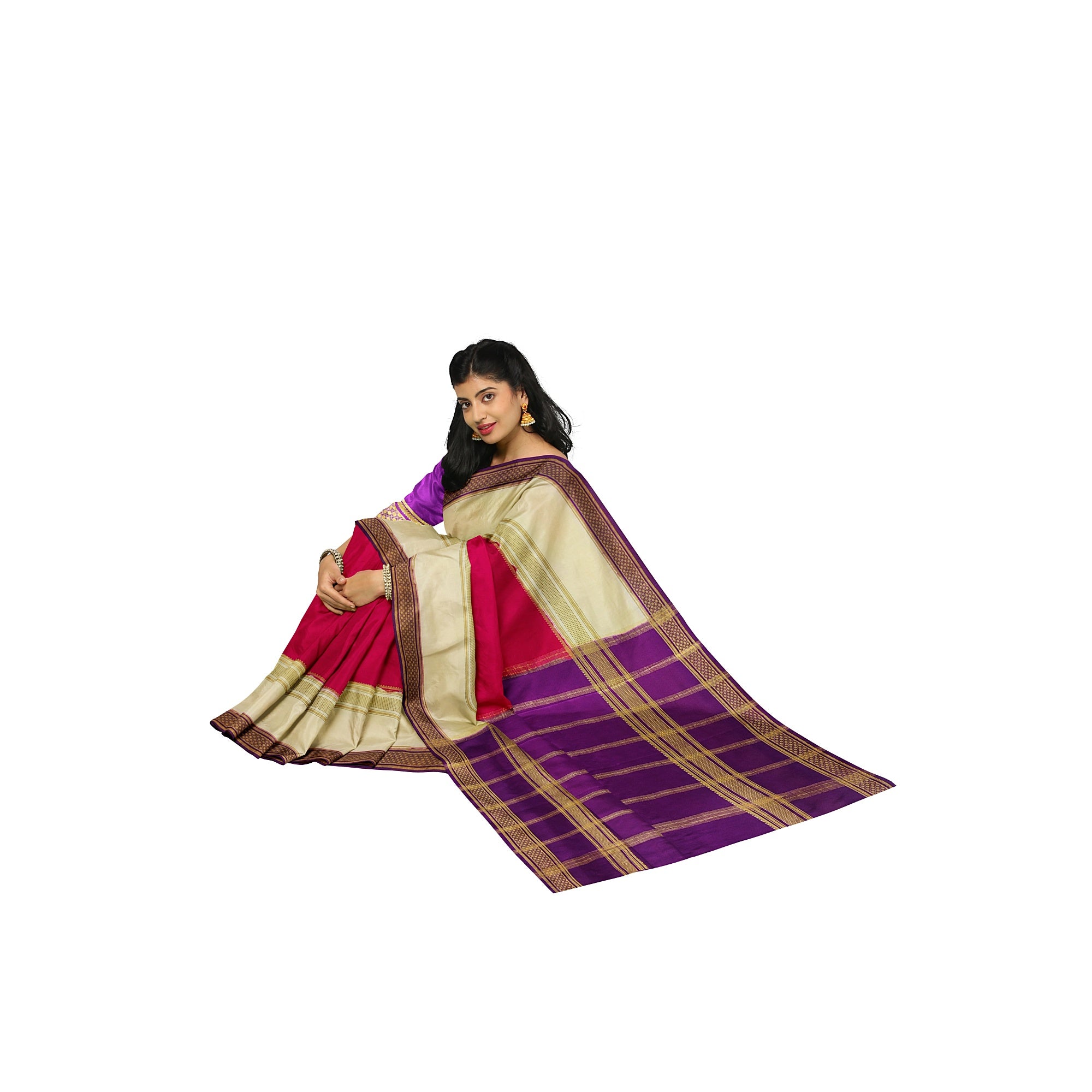 3D Magenta Pink Mysore Silk Saree with Cream & Purple Border