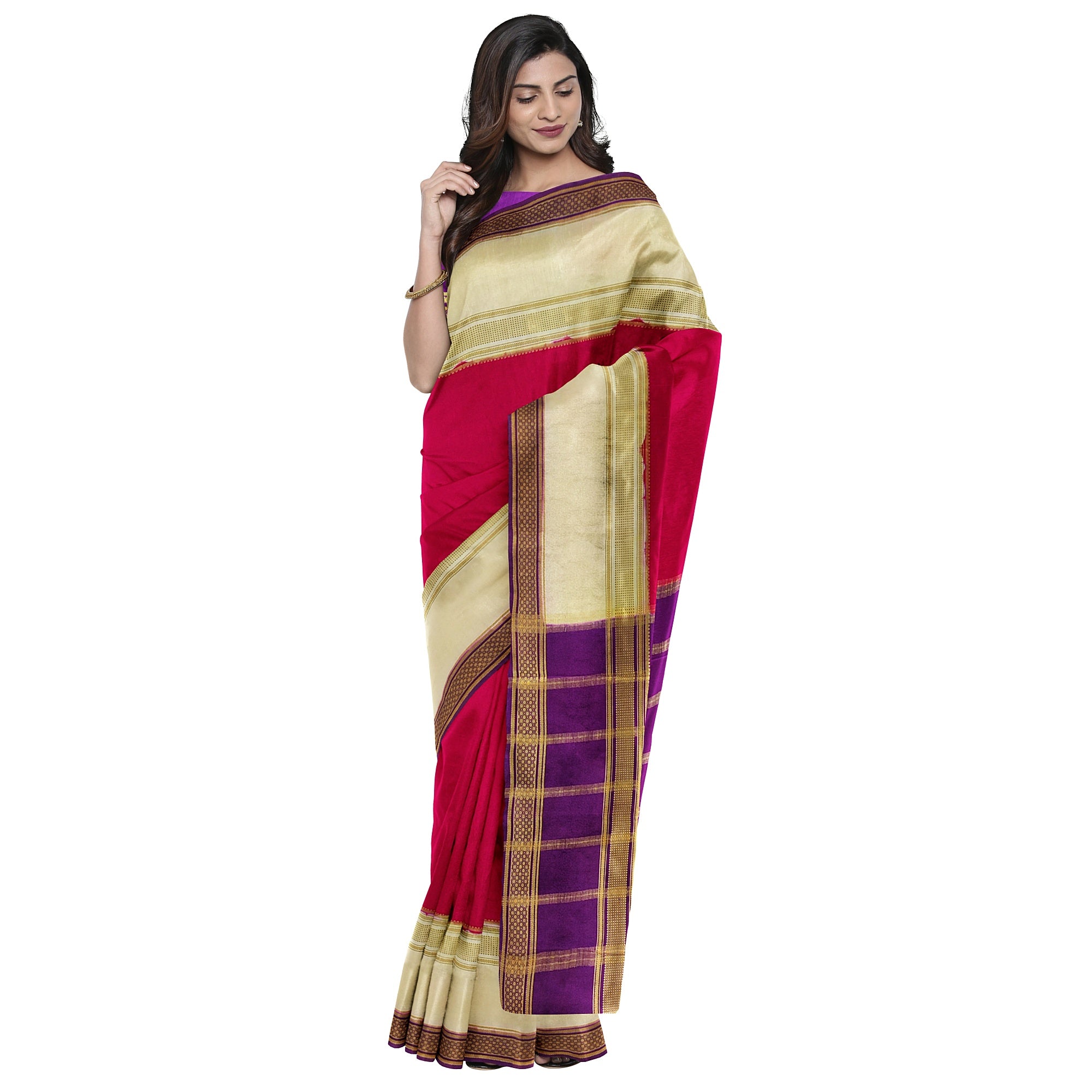 3D Magenta Pink Mysore Silk Saree with Cream & Purple Border