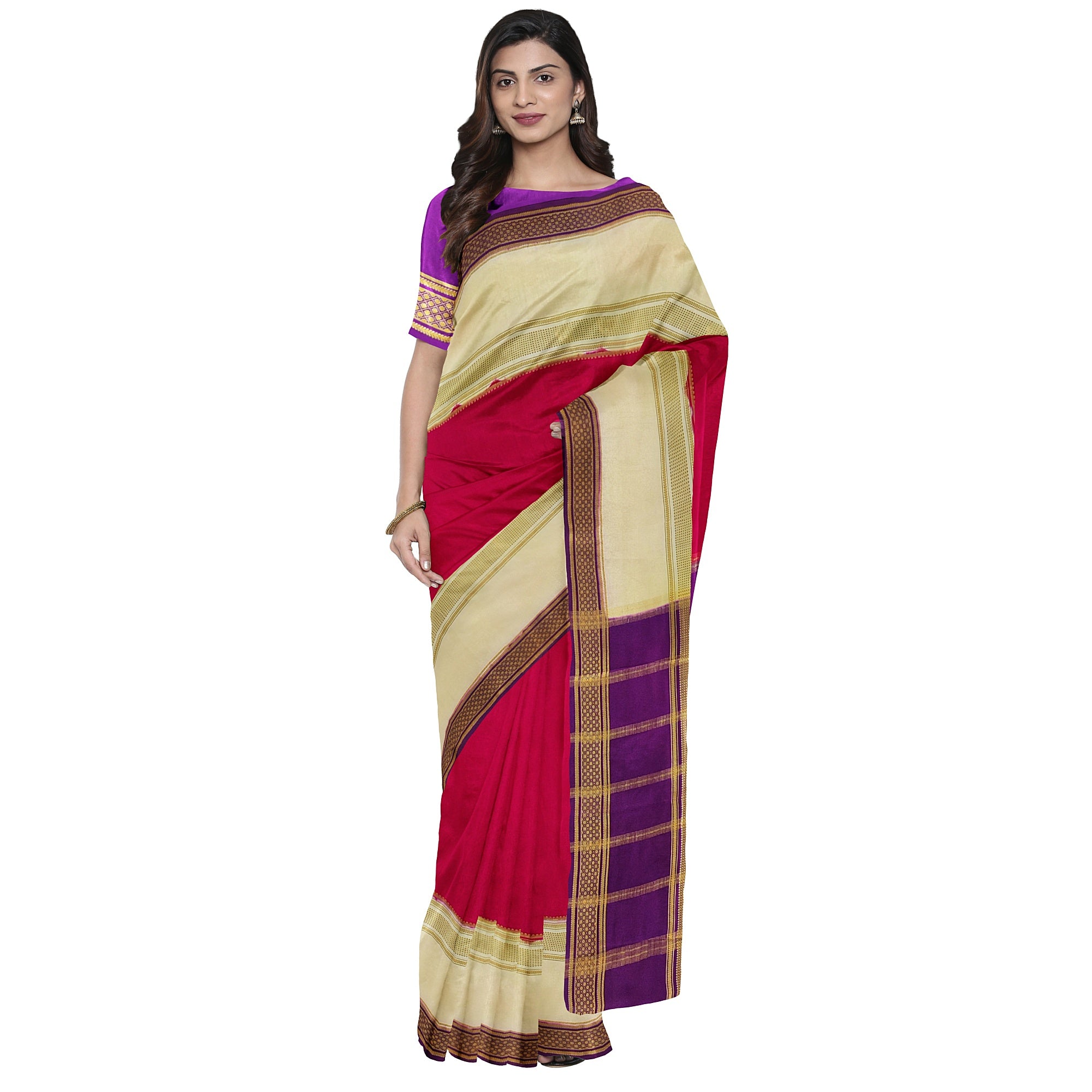 3D Magenta Pink Mysore Silk Saree with Cream & Purple Border