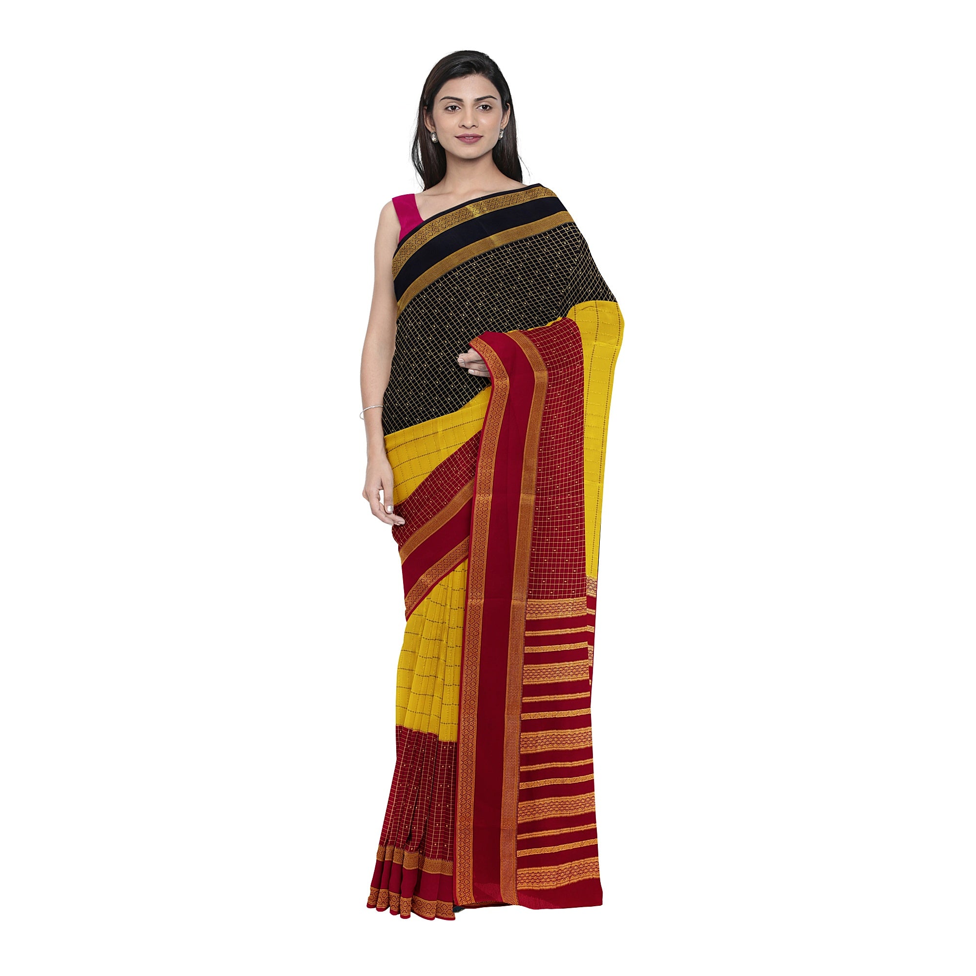 3D Mysore Silk Saree in Pink, Yellow & Black – Rare Edition