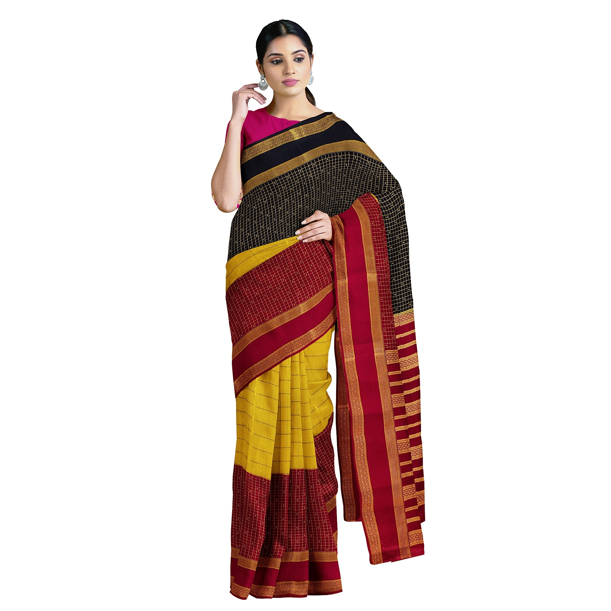 3D Mysore Silk Saree in Pink, Yellow & Black – Rare Edition