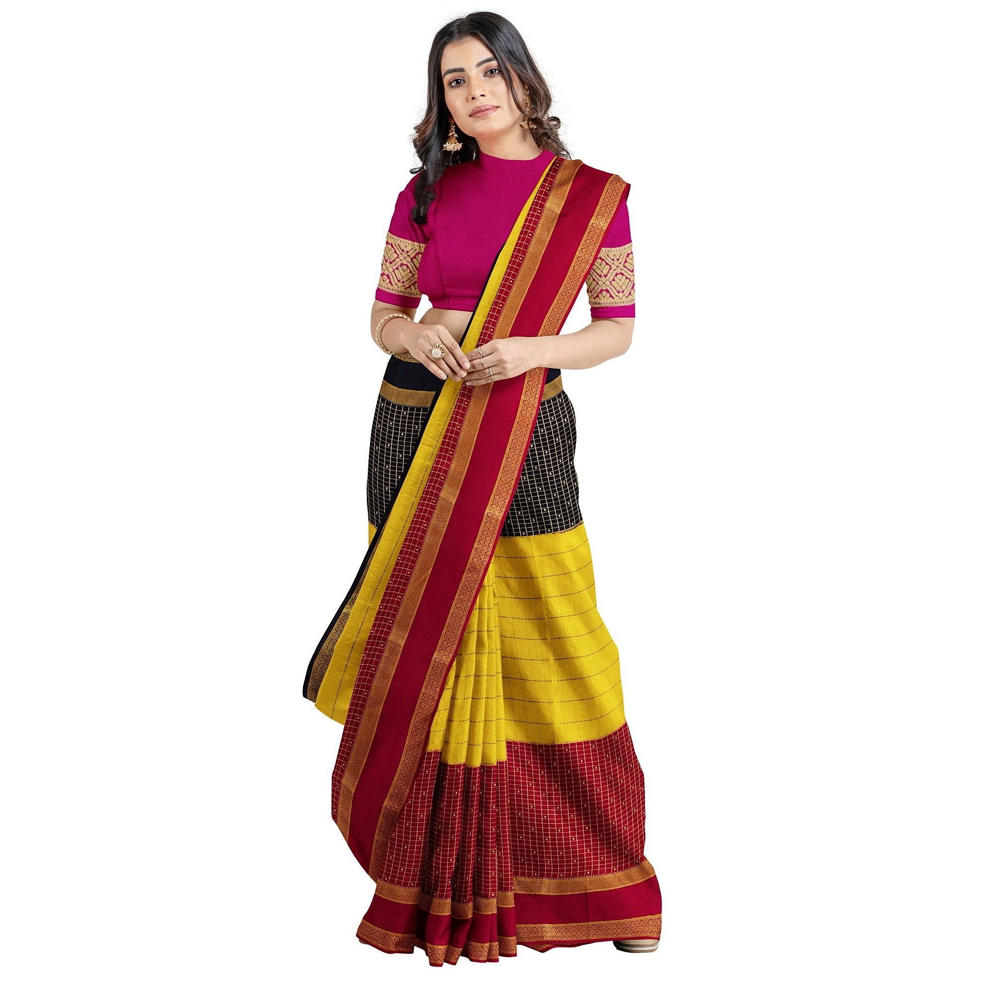 3D Mysore Silk Saree in Pink, Yellow & Black – Rare Edition