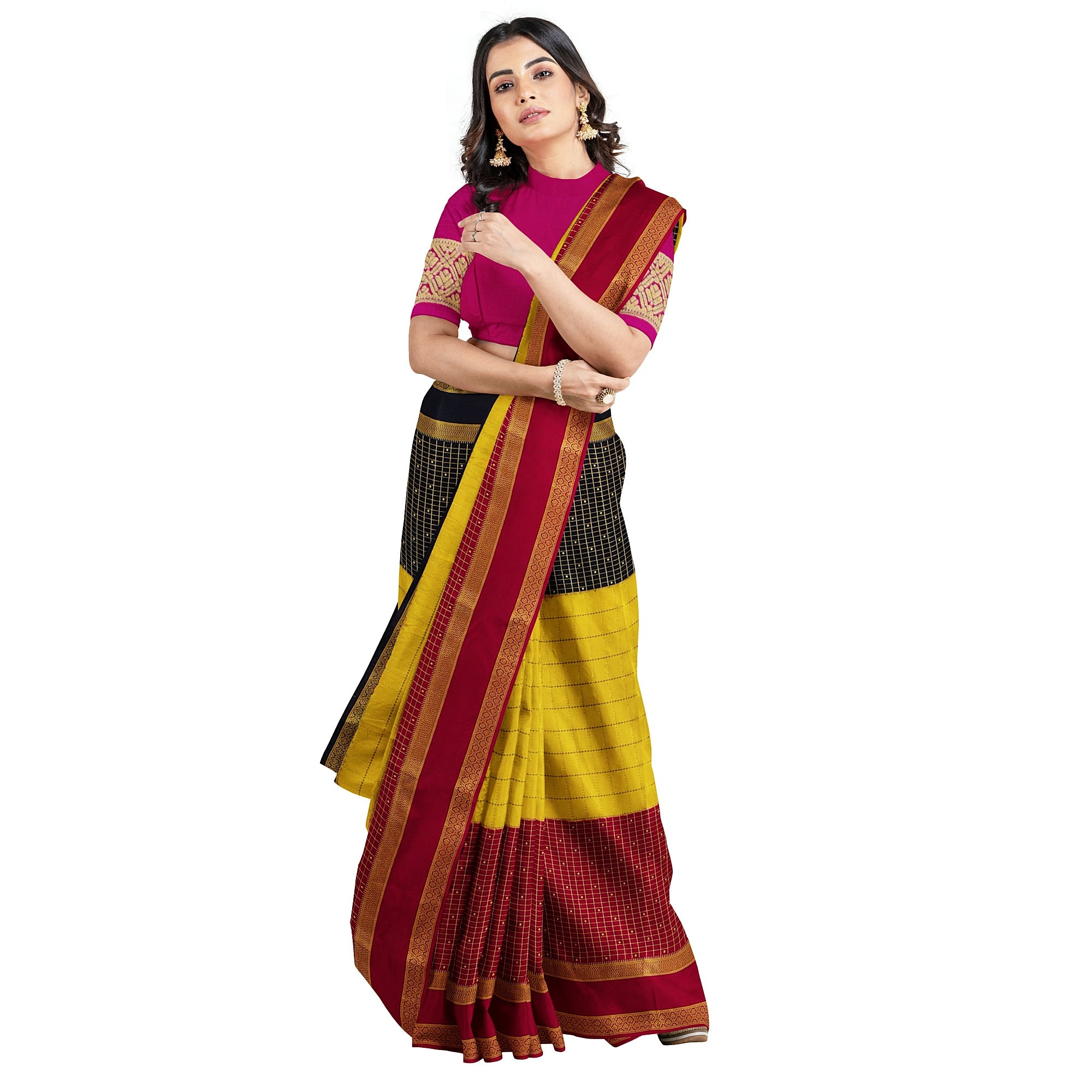 3D Mysore Silk Saree in Pink, Yellow & Black – Rare Edition