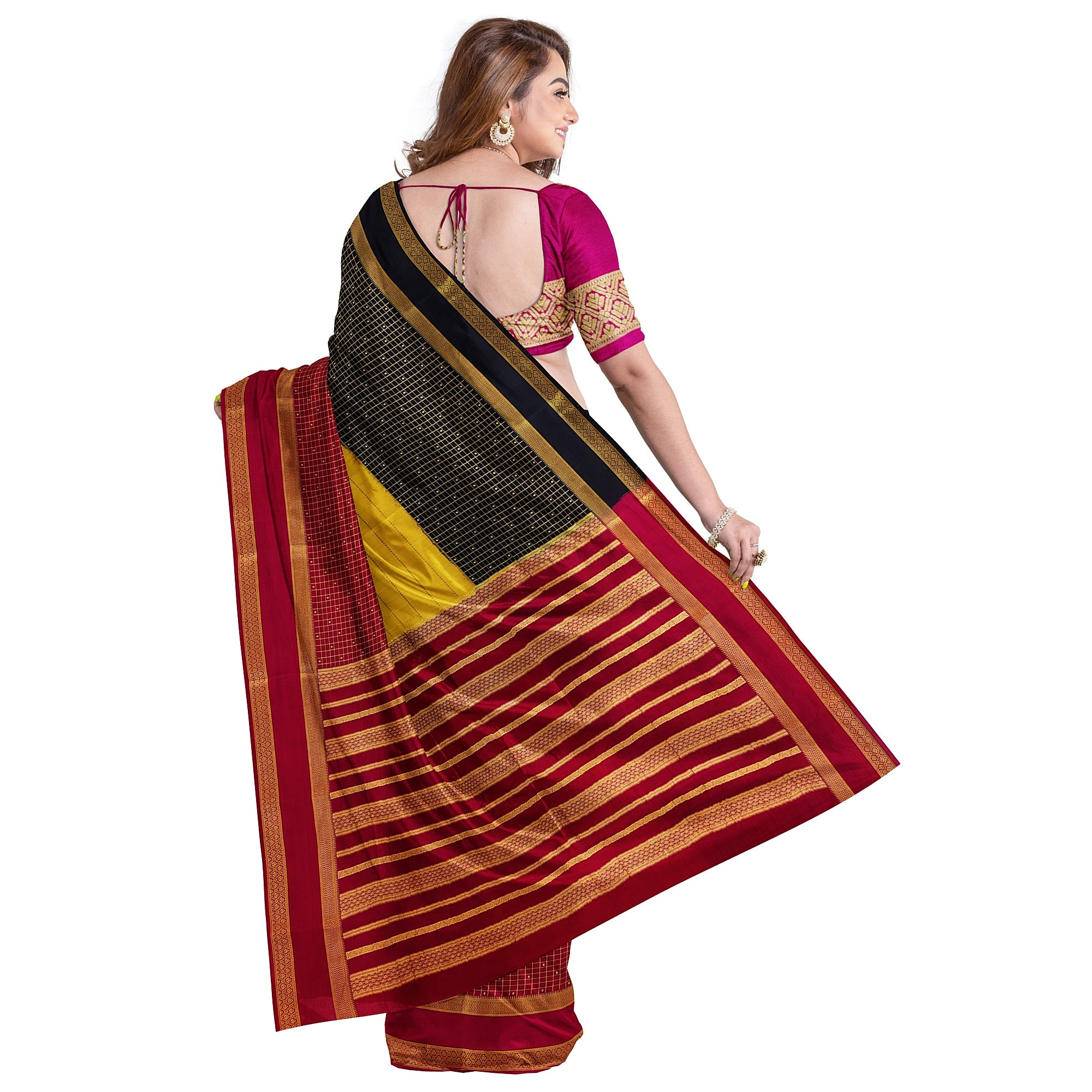 3D Mysore Silk Saree in Pink, Yellow & Black – Rare Edition