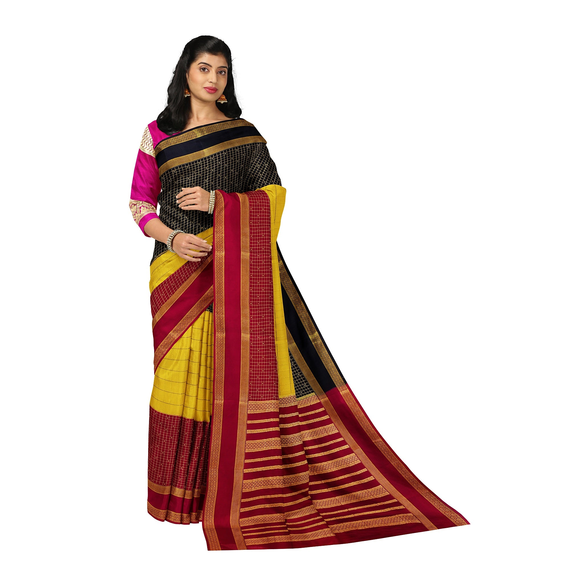 3D Mysore Silk Saree in Pink, Yellow & Black – Rare Edition