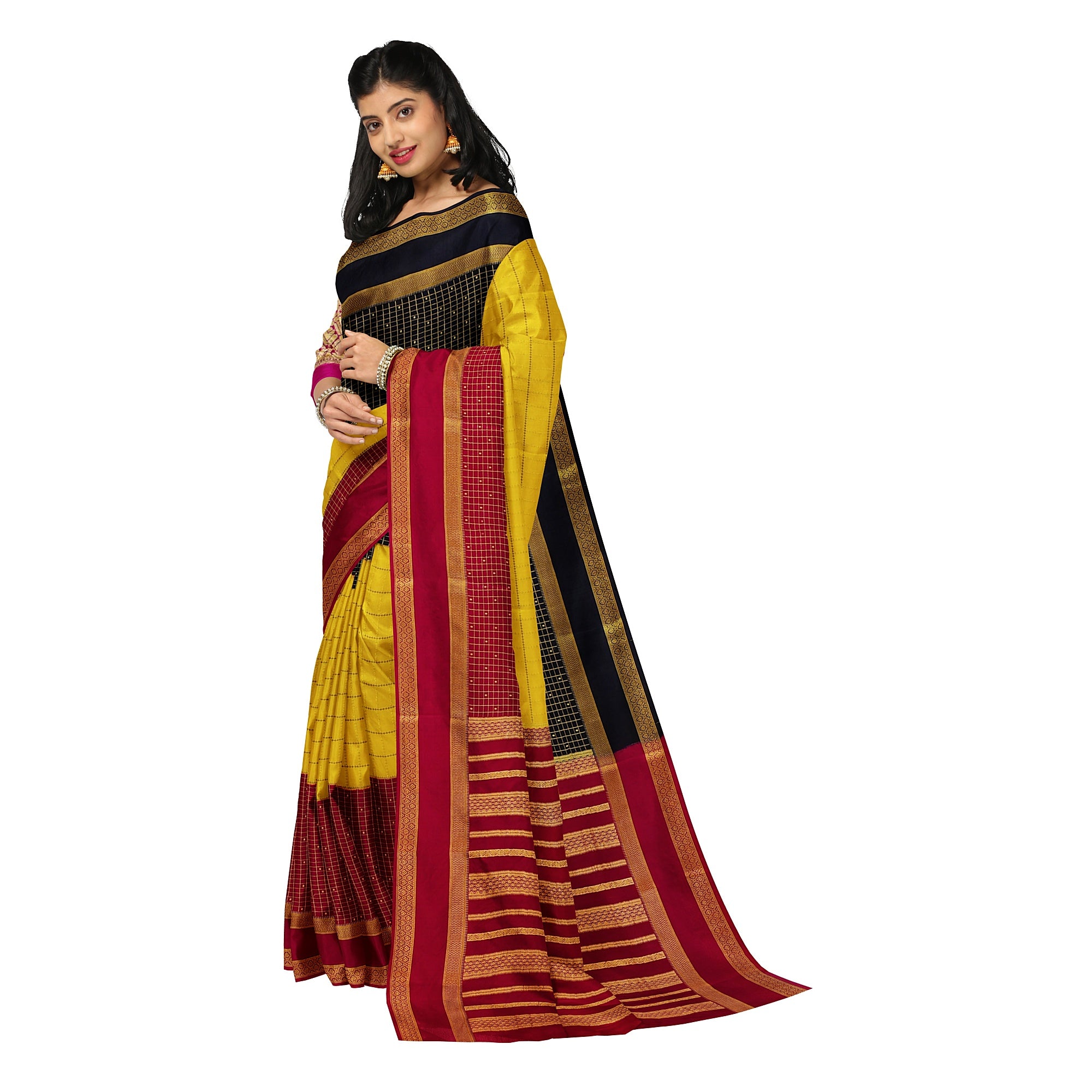 3D Mysore Silk Saree in Pink, Yellow & Black – Rare Edition