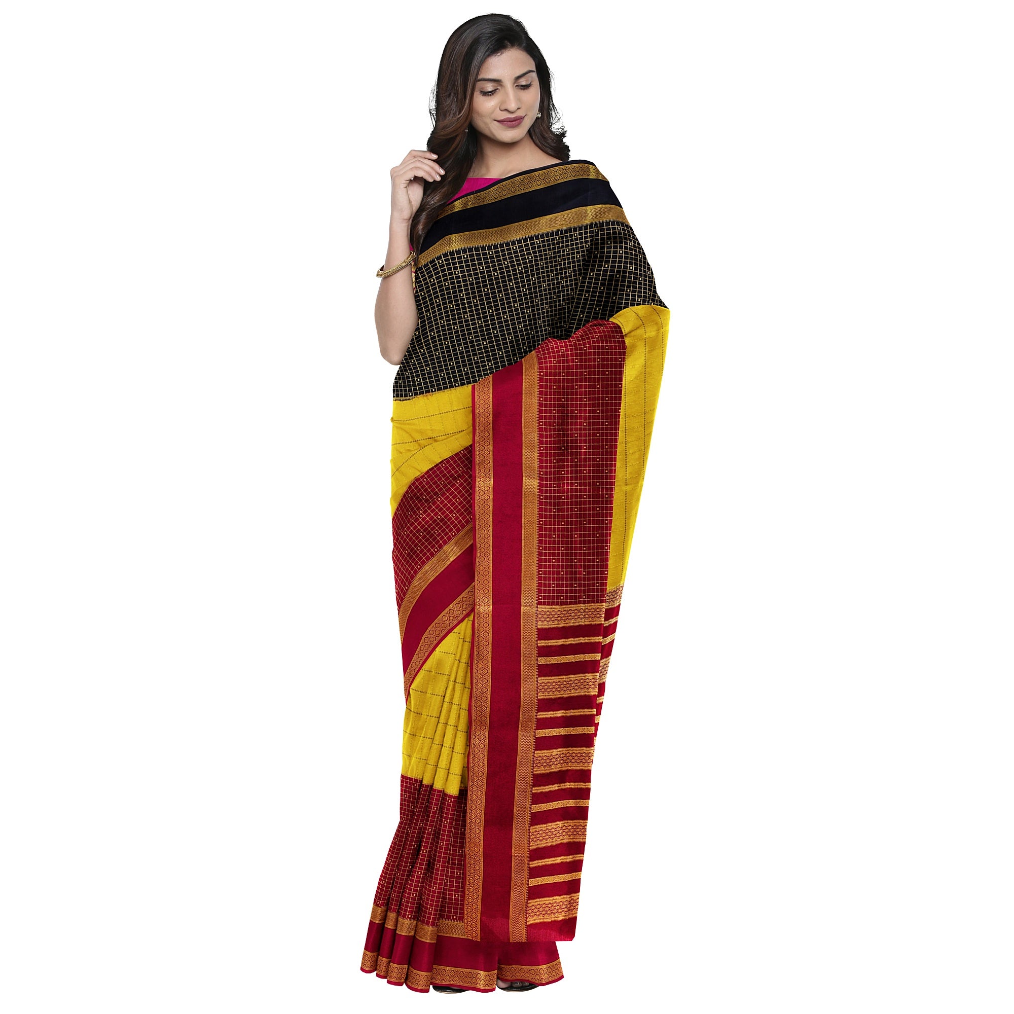 3D Mysore Silk Saree in Pink, Yellow & Black – Rare Edition
