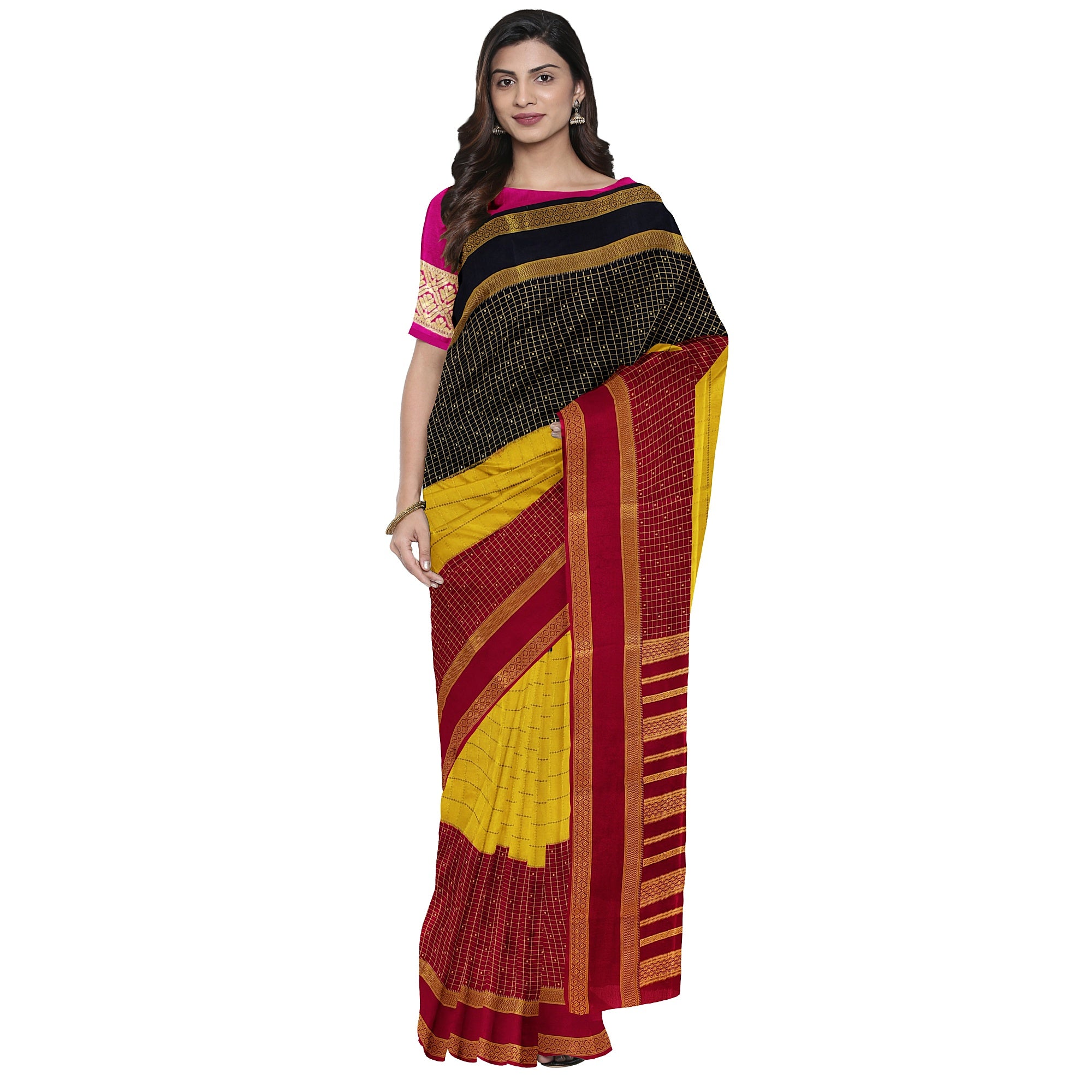 3D Mysore Silk Saree in Pink, Yellow & Black – Rare Edition