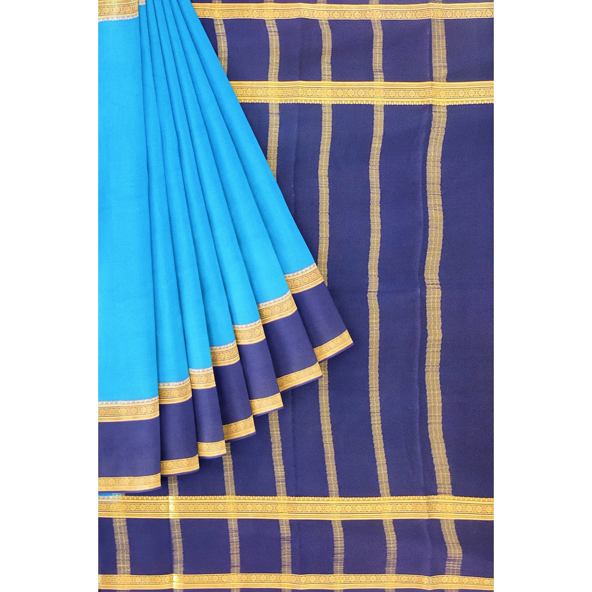 Ink Blue Mysore Silk Saree with Navy Blue Bentex Zari Border