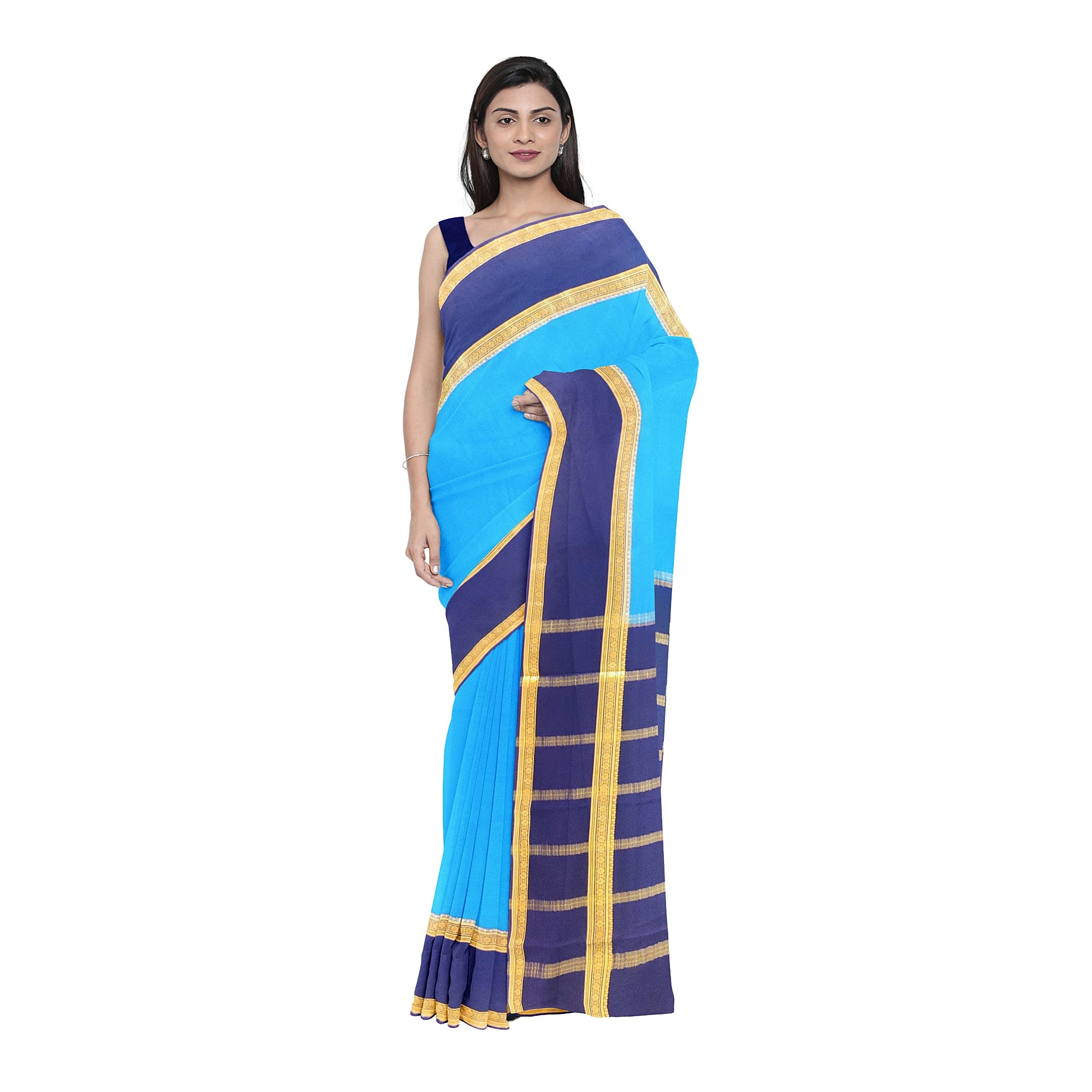 Ink Blue Mysore Silk Saree with Navy Blue Bentex Zari Border