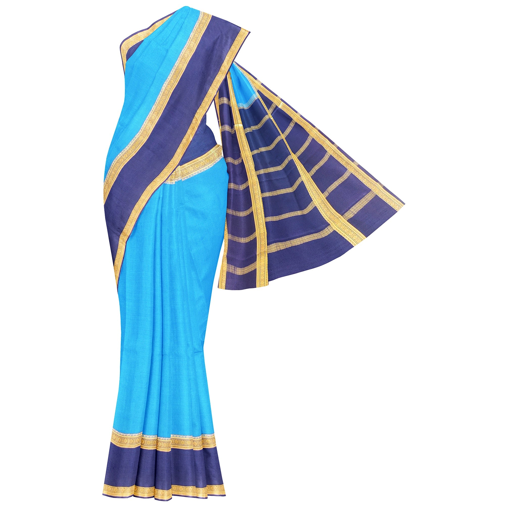 Ink Blue Mysore Silk Saree with Navy Blue Bentex Zari Border