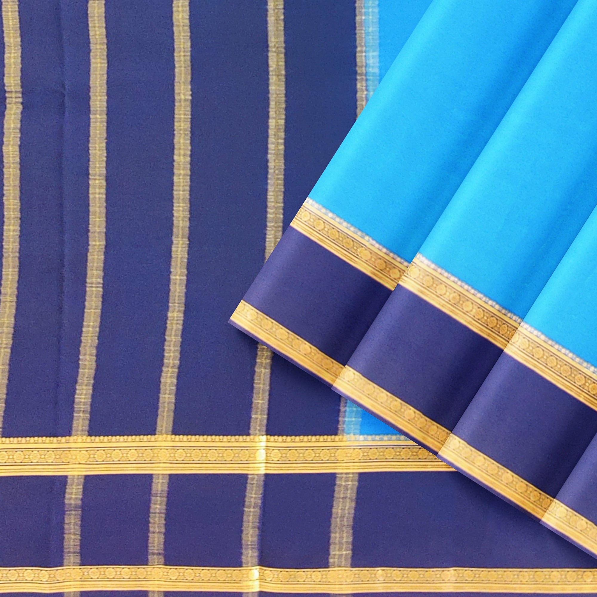 Ink Blue Mysore Silk Saree with Navy Blue Bentex Zari Border
