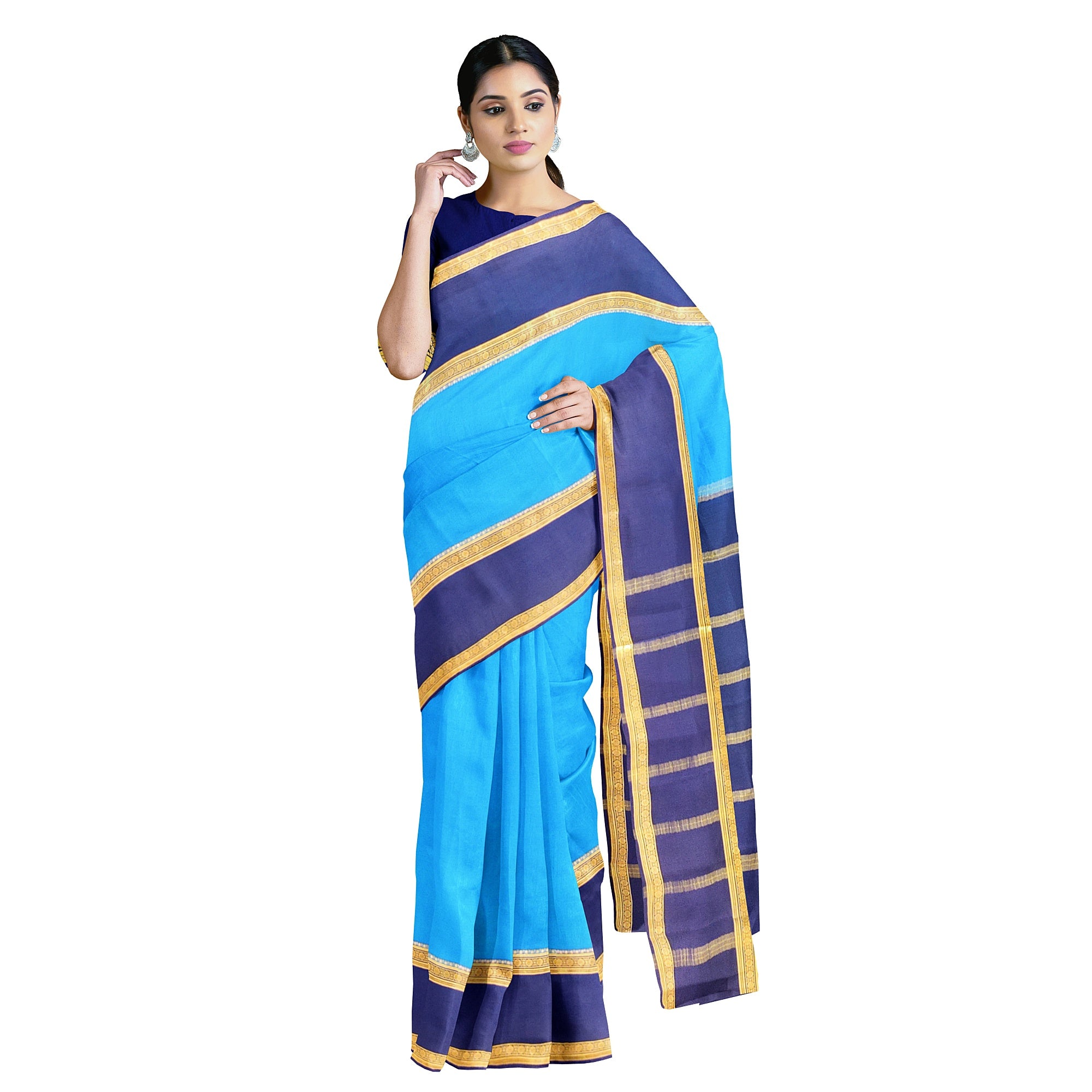 Ink Blue Mysore Silk Saree with Navy Blue Bentex Zari Border