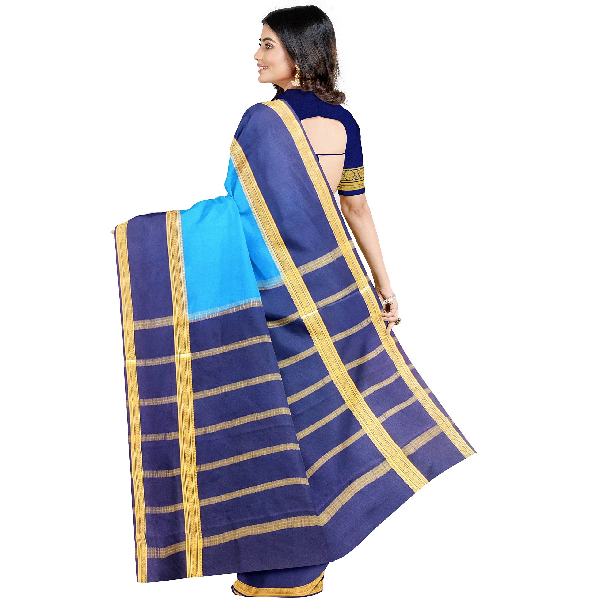 Ink Blue Mysore Silk Saree with Navy Blue Bentex Zari Border