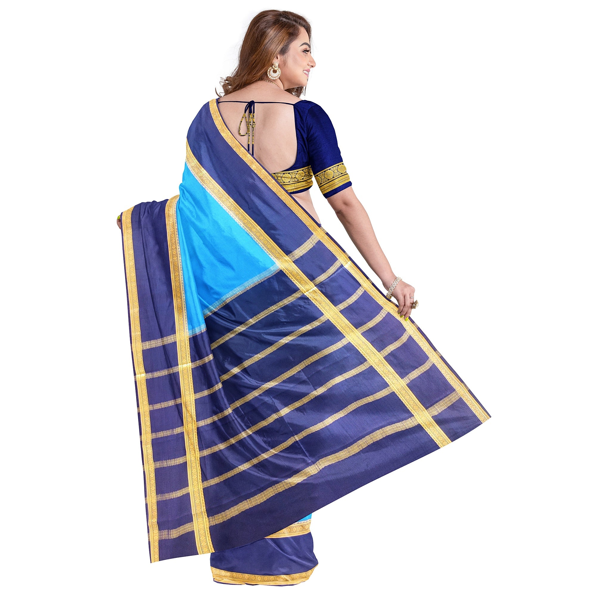 Ink Blue Mysore Silk Saree with Navy Blue Bentex Zari Border