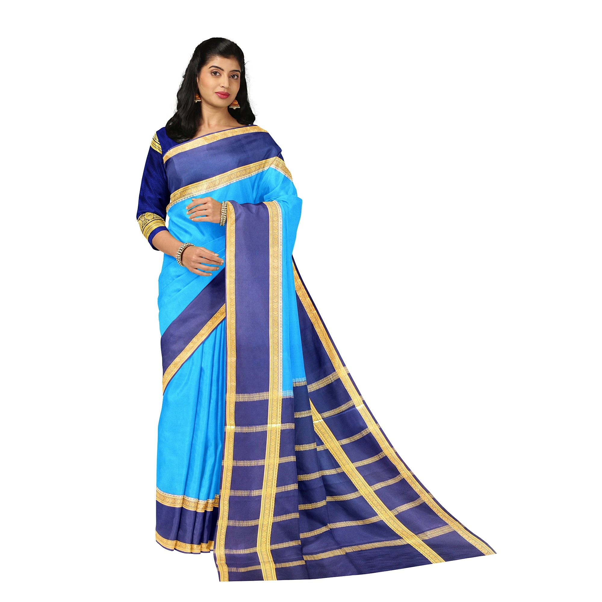 Ink Blue Mysore Silk Saree with Navy Blue Bentex Zari Border