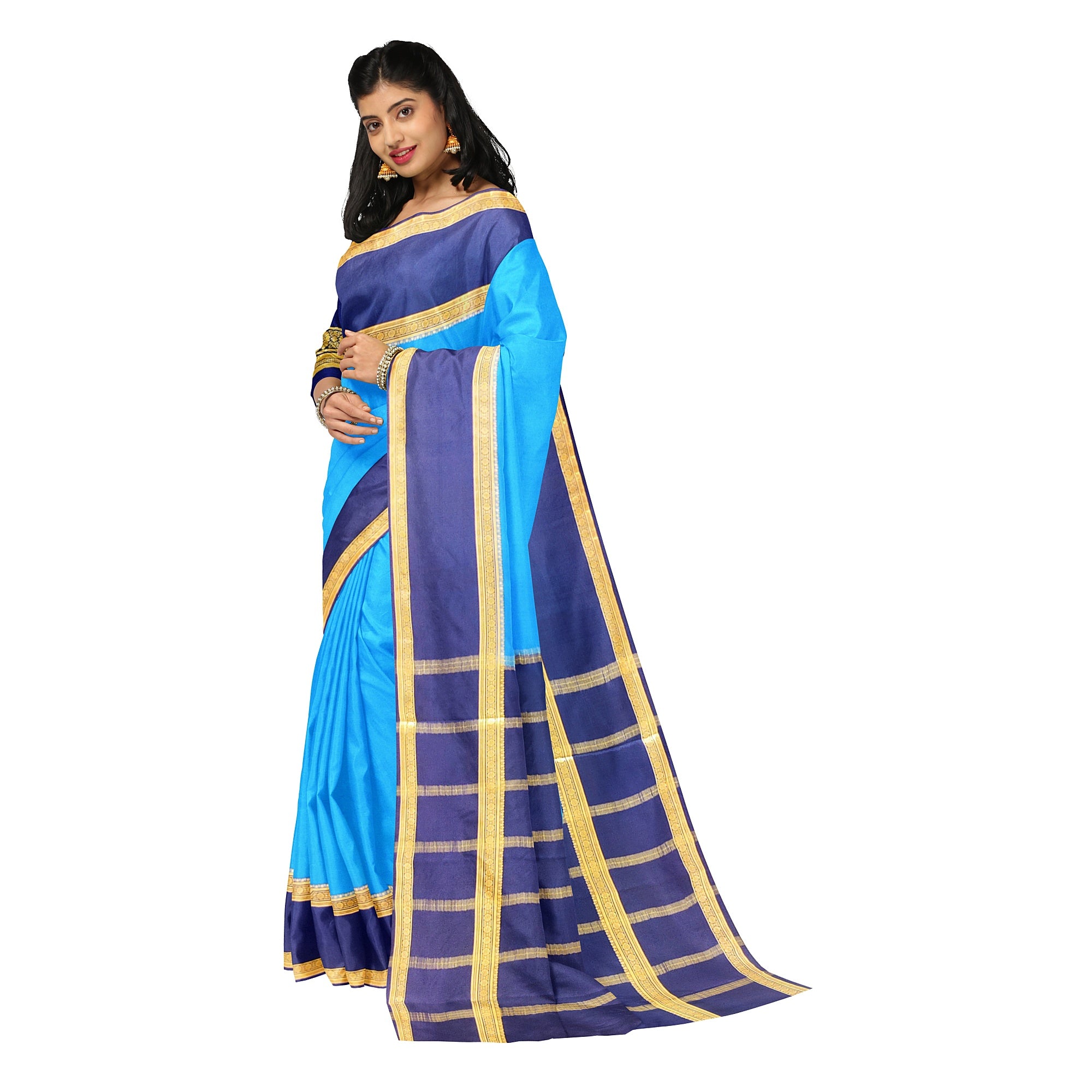 Ink Blue Mysore Silk Saree with Navy Blue Bentex Zari Border