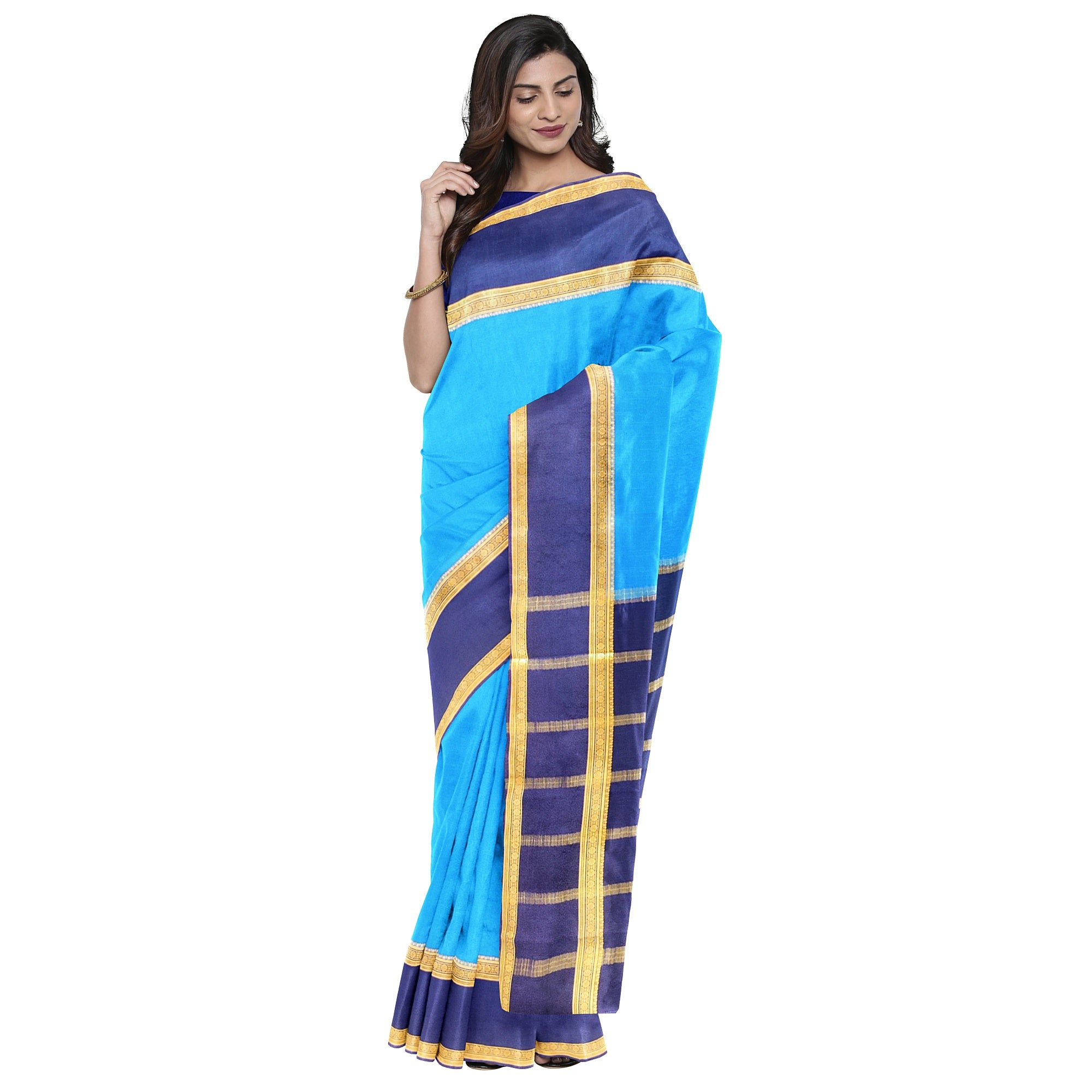 Ink Blue Mysore Silk Saree with Navy Blue Bentex Zari Border