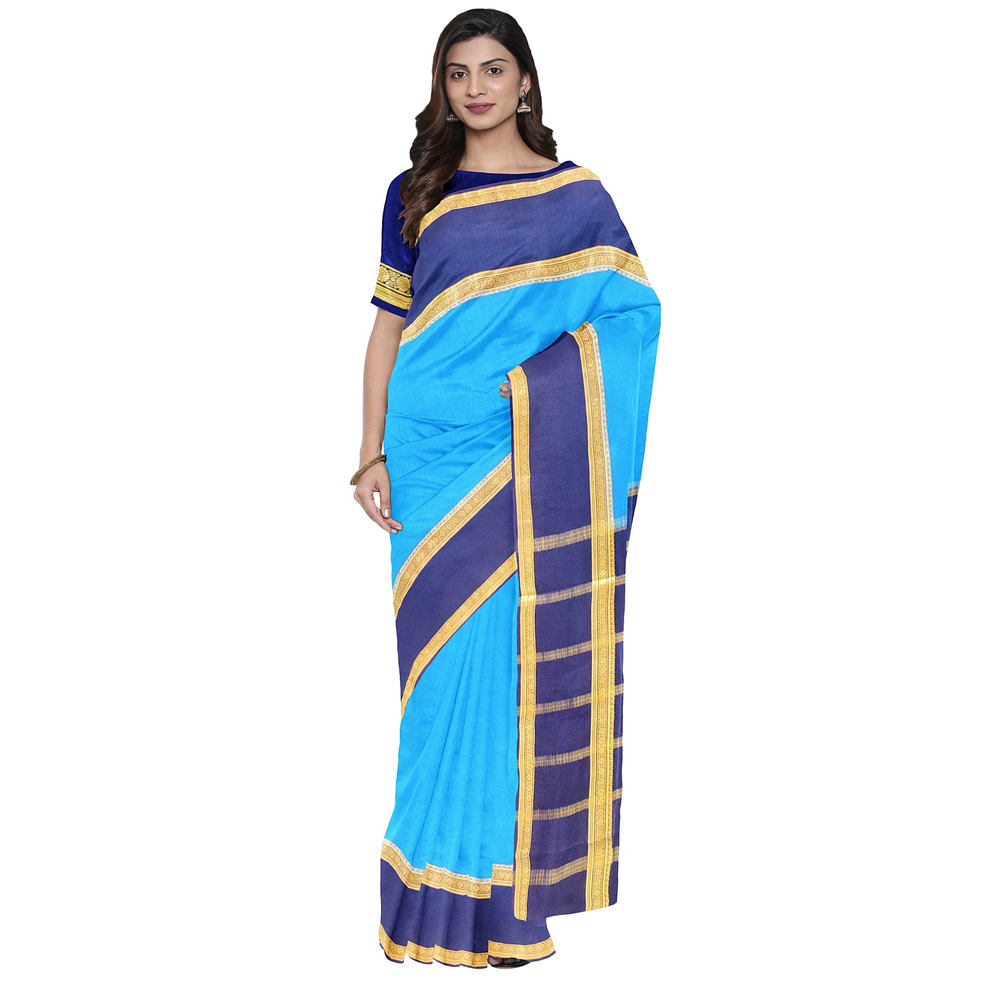 Ink Blue Mysore Silk Saree with Navy Blue Bentex Zari Border