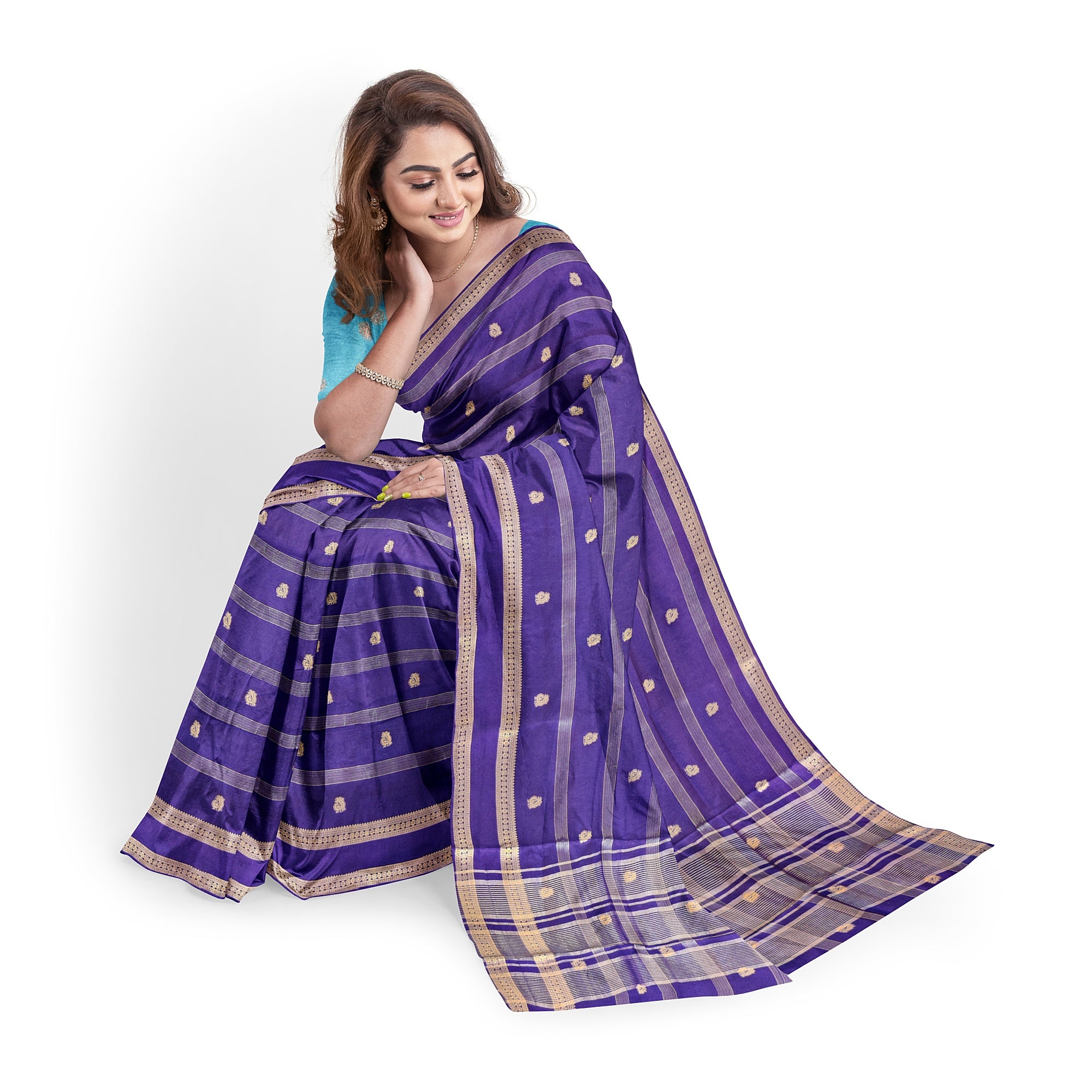 Purple Semi Mysore Silk Saree with Sky Blue Blouse - Elegant New Arrival - New Sudarshan Silks`