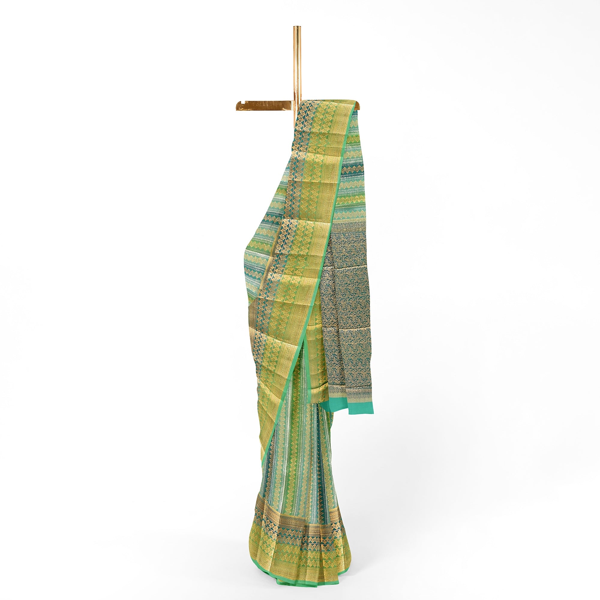 Greenish & blue Blue organza Saree with Gold Zari Work and Fancy Border – Elegant Handloom Saree Online - New Sudarshan Silks`