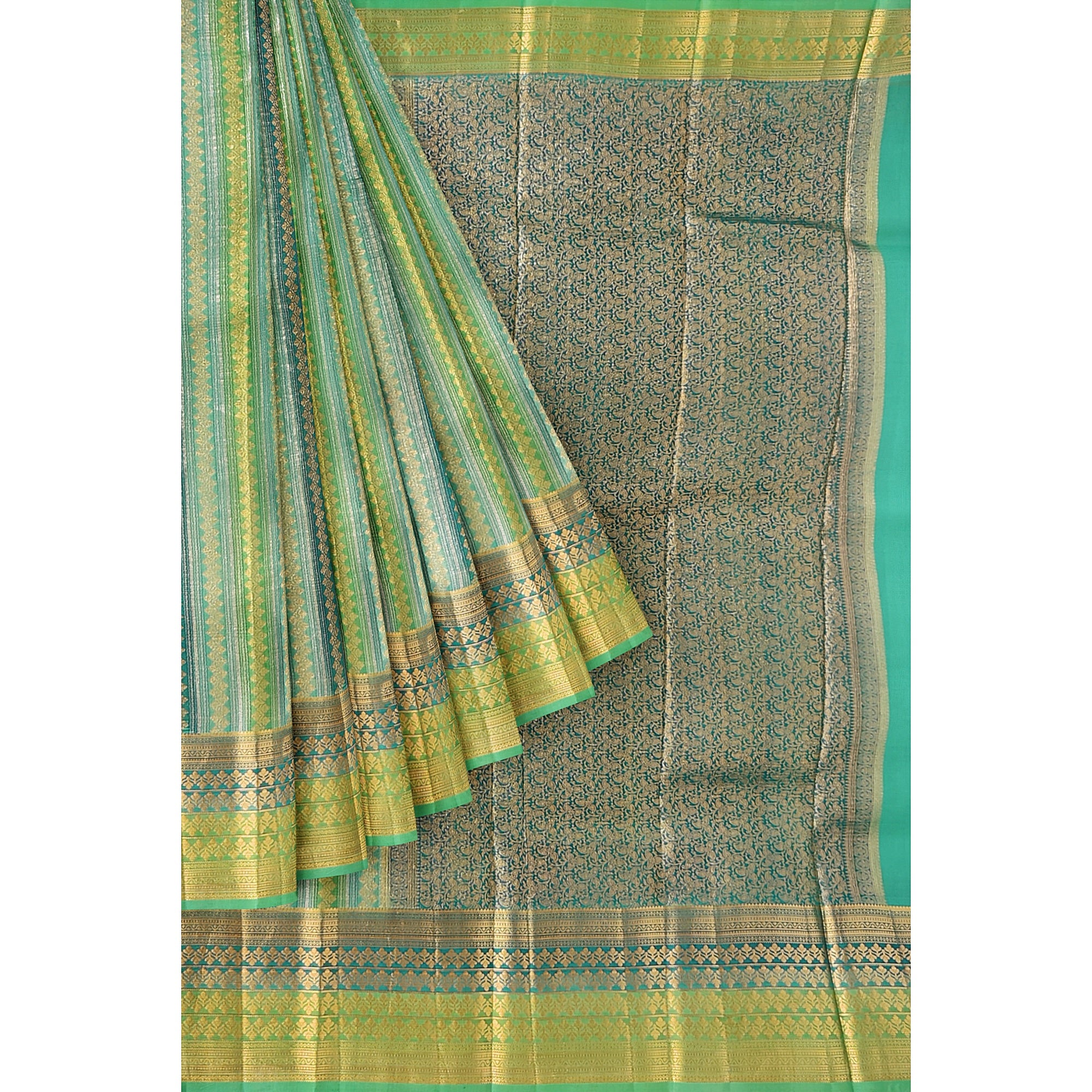 Greenish & blue Blue organza Saree with Gold Zari Work and Fancy Border – Elegant Handloom Saree Online - New Sudarshan Silks`